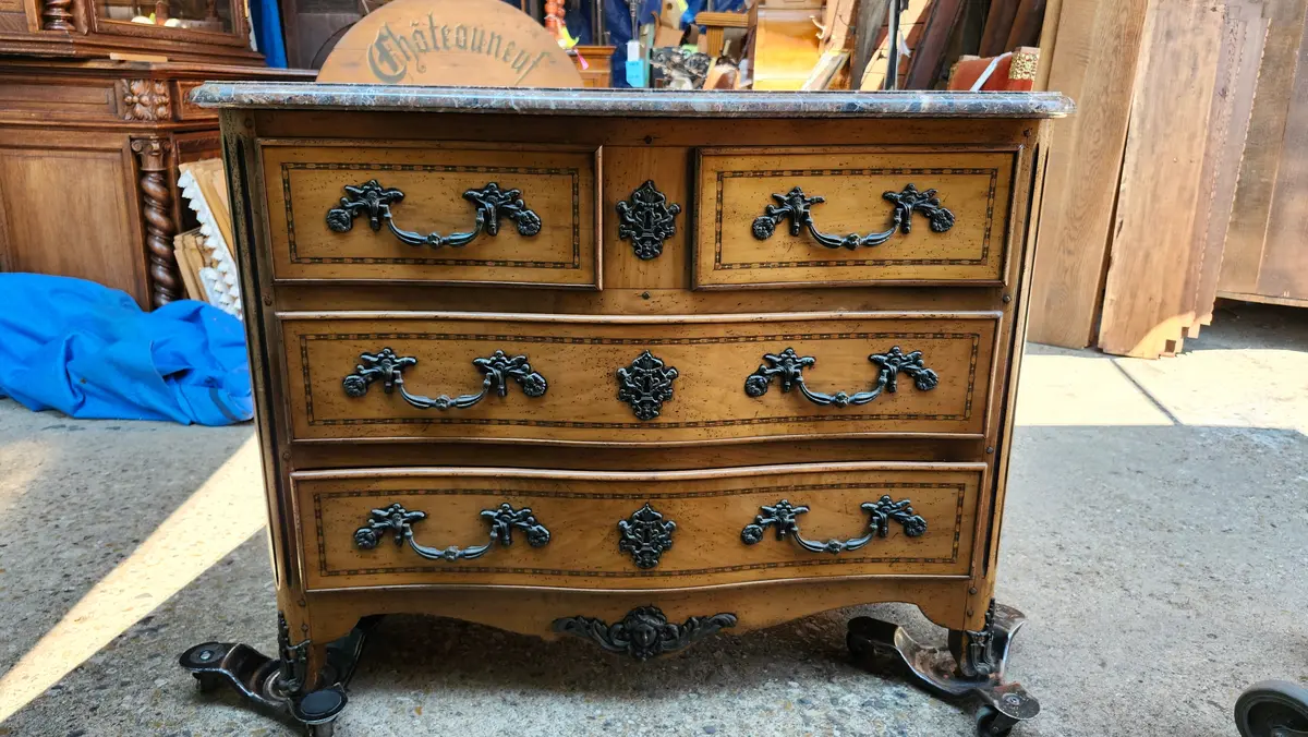 Vintage Louis Xv Marble Top Large Chest With Inlay 1