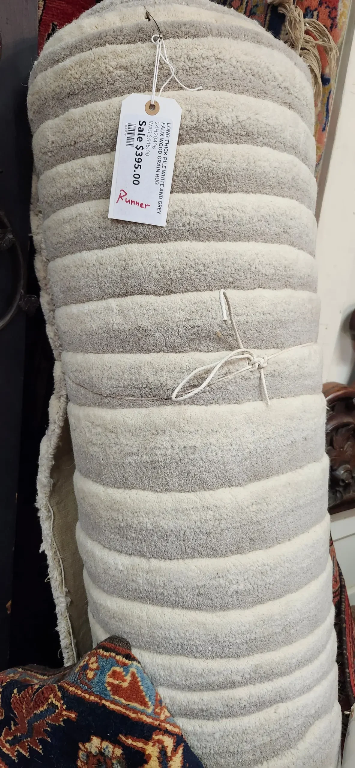 Long Thick Pile White And Grey Faux Wood Grain Rug 1