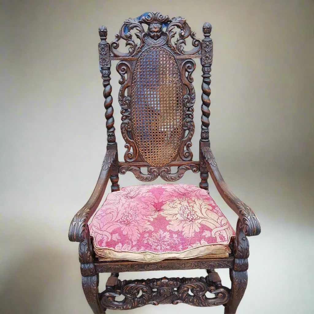 Carved Oak Barley Twist Arm Chair With Cherub Crest 1