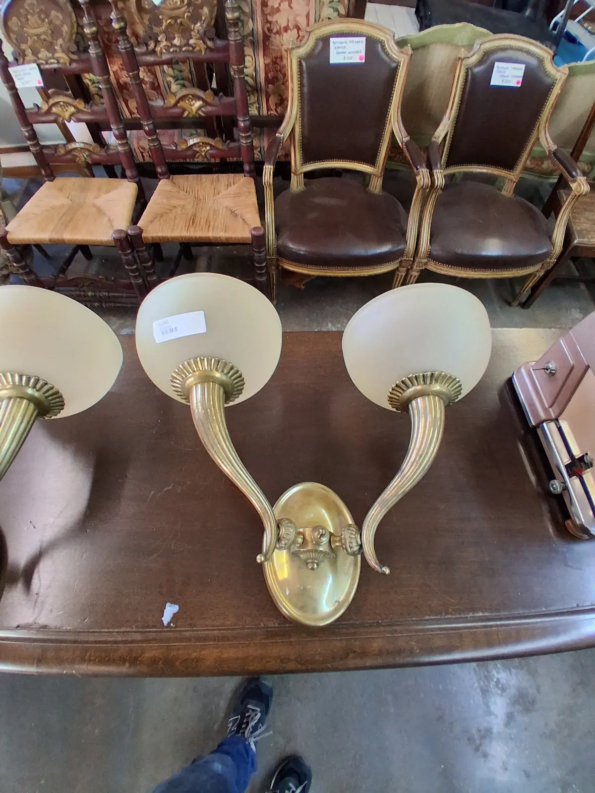 Pair Of Brass 2 Arm Sconces **Missing One Glass Shade** 1