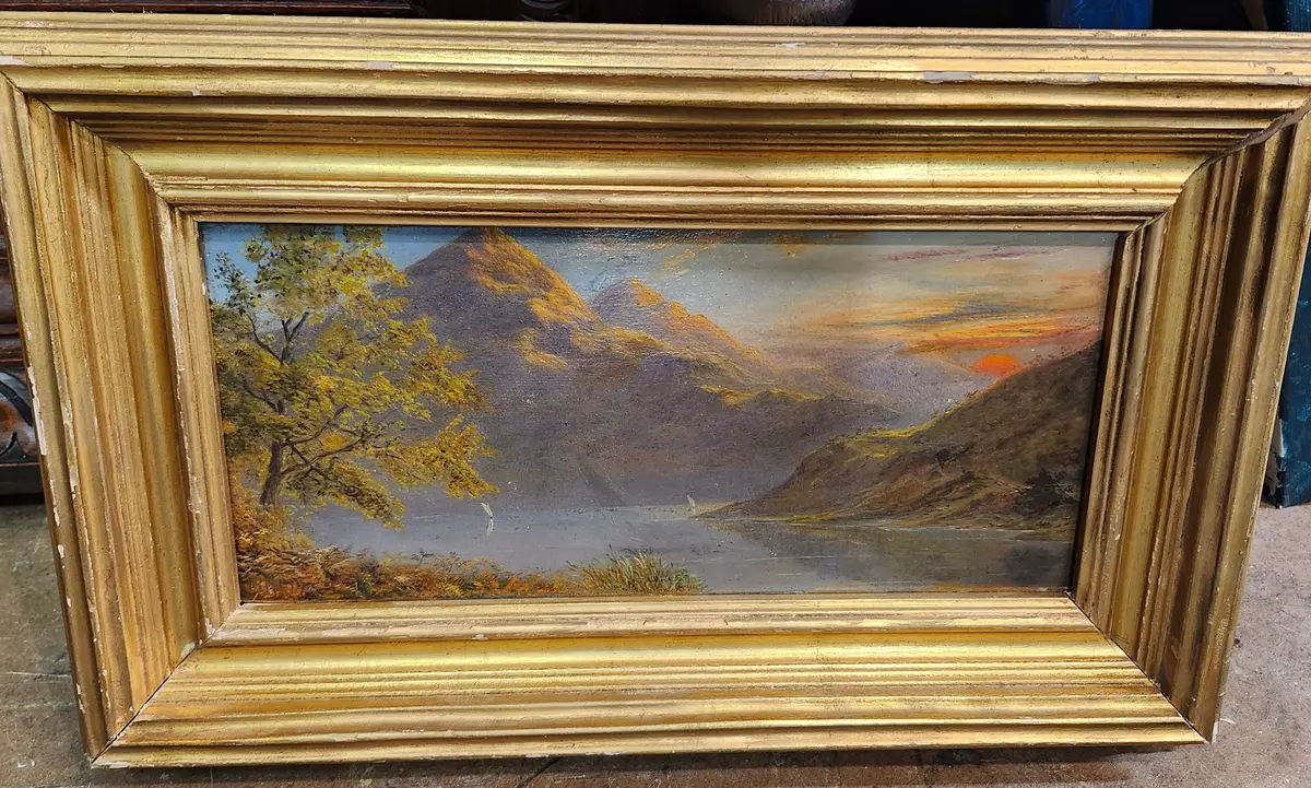Small Framed Oil Painting With Red Sun 1