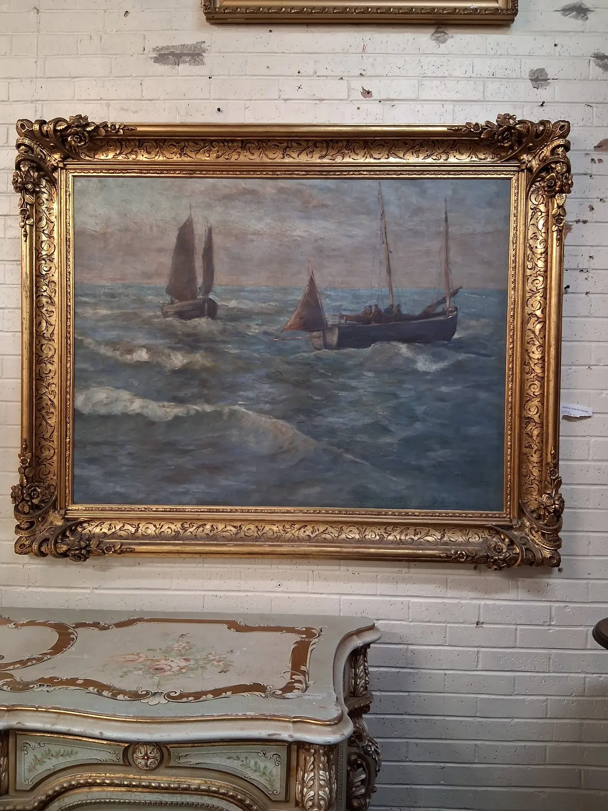 Huge Gilt Framed Oil Painting Of Sail Boats At Sea 1
