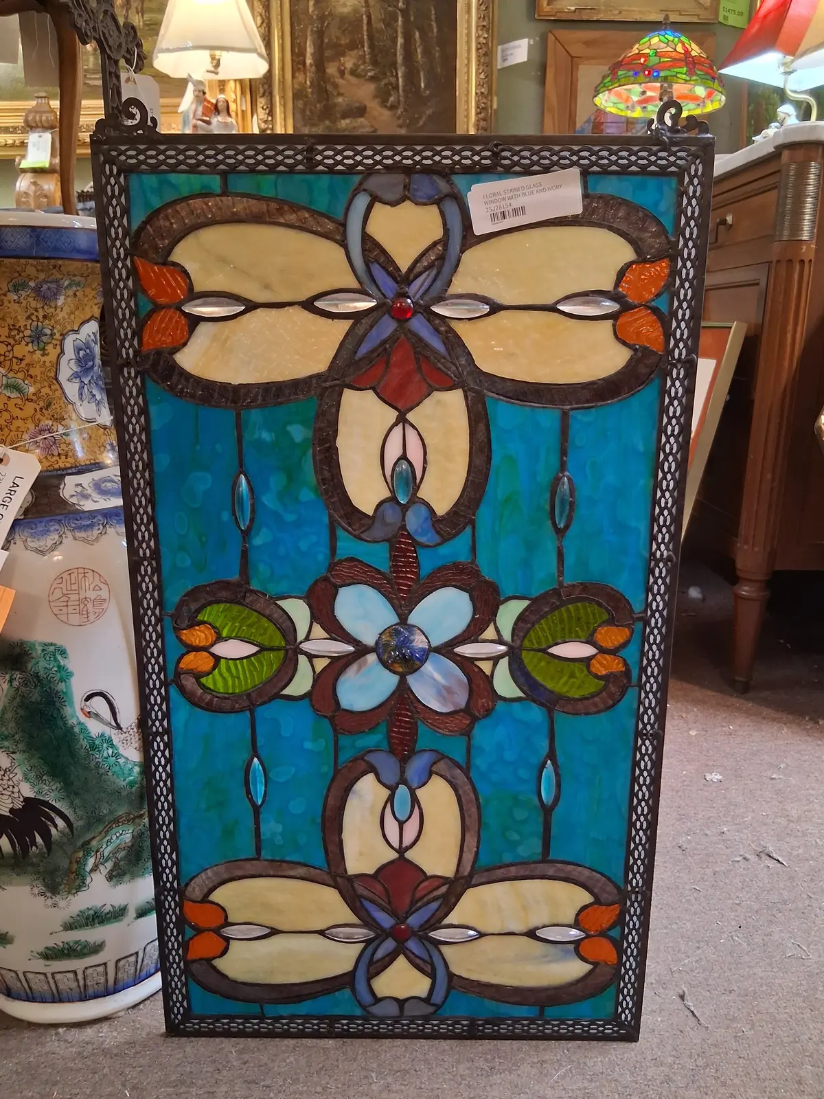 Floral Stained Glass Window With Blue And Ivory 1