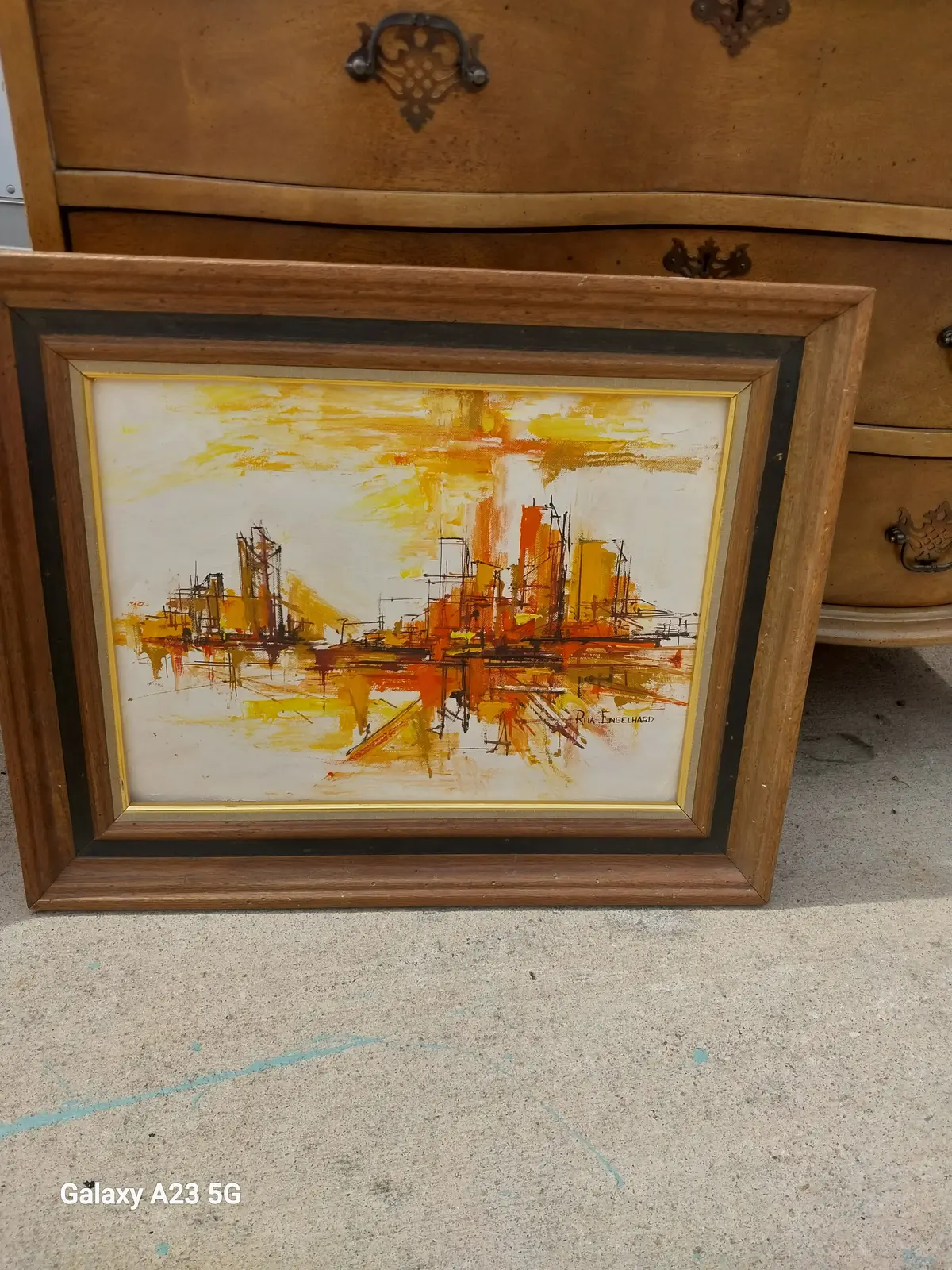Framed Mid Century City Scape In Orange  And Yellow 1
