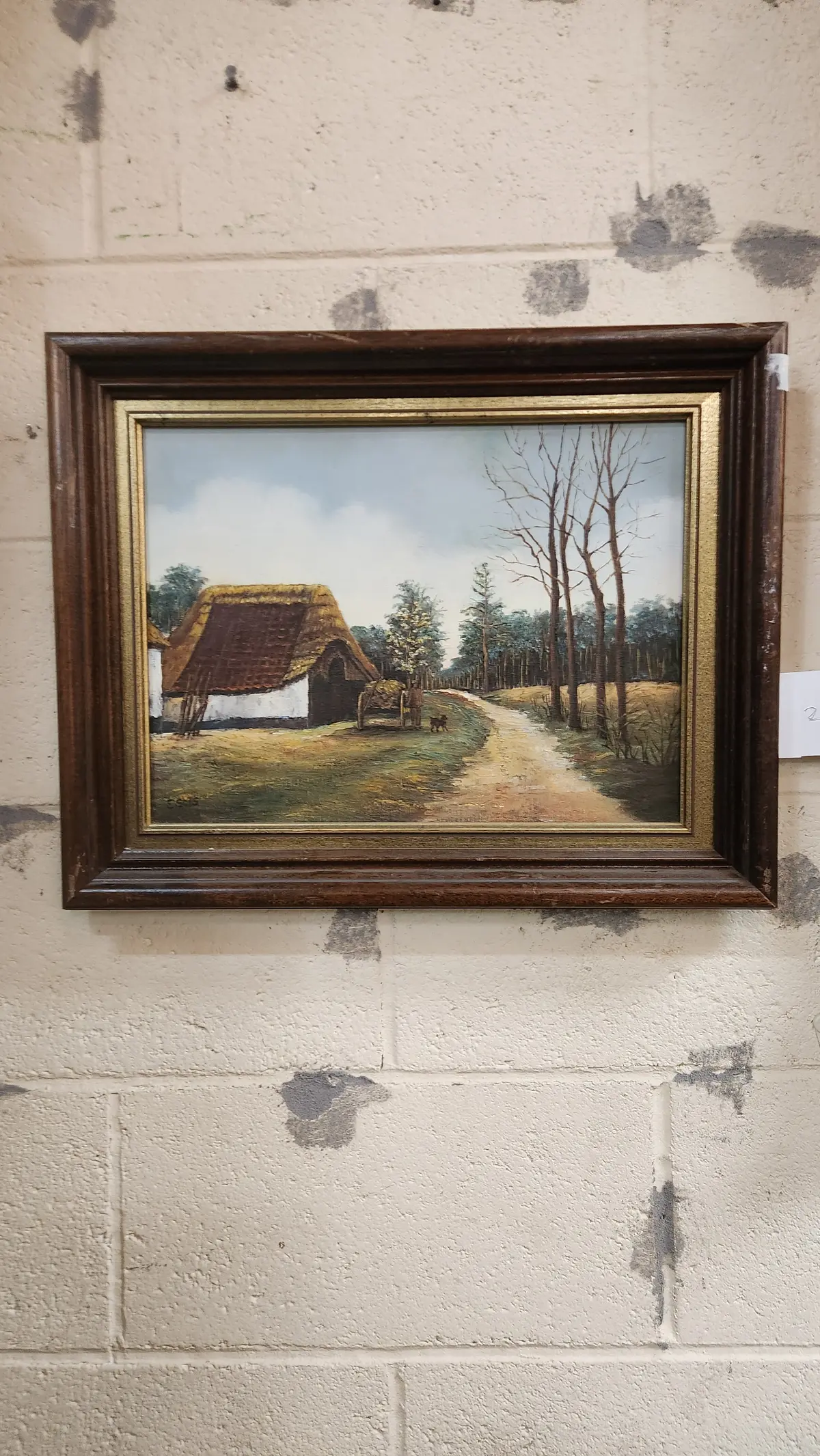 Small Walnut Framed Oil Painting Of A Thatched Roof Barn 1