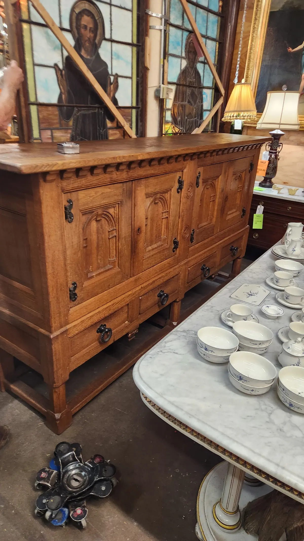 Long 4 Door Rustic Arch Door Oak Cabinet On Legs 1