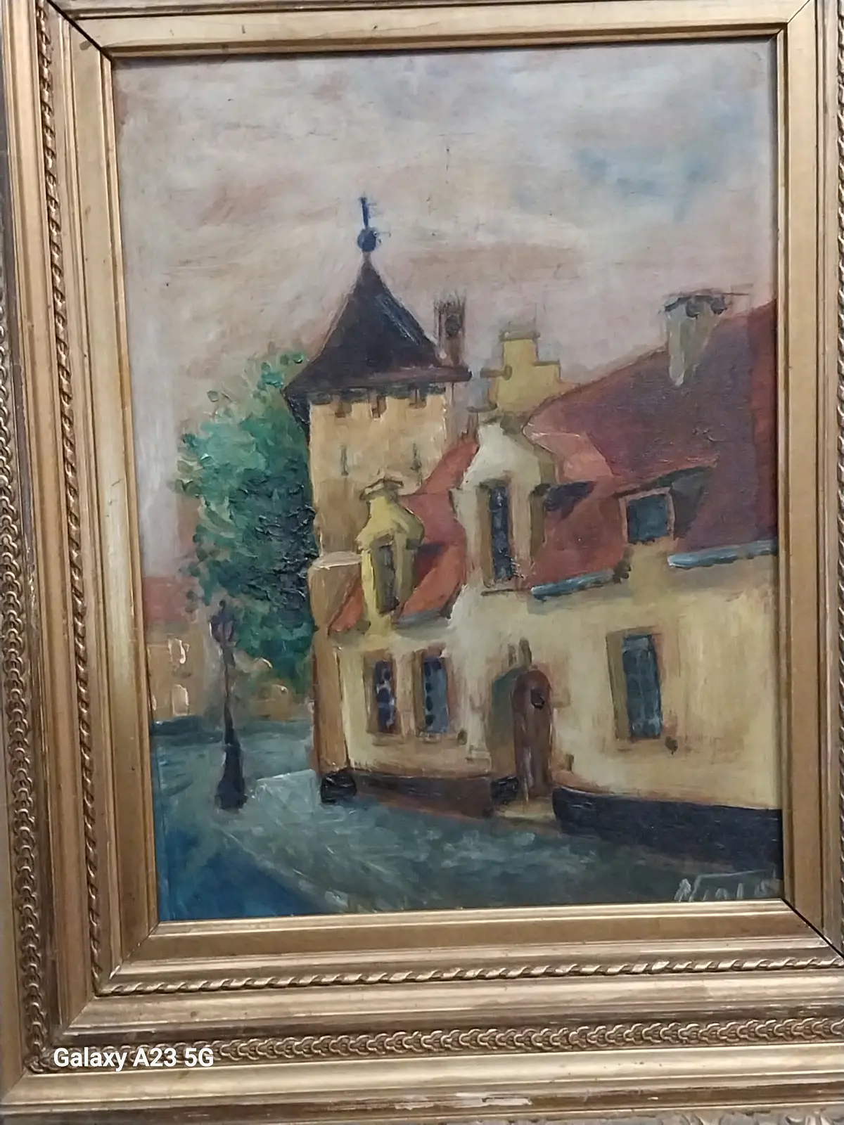 Heavy Gilt Framed Street Corner Oil Painting 1
