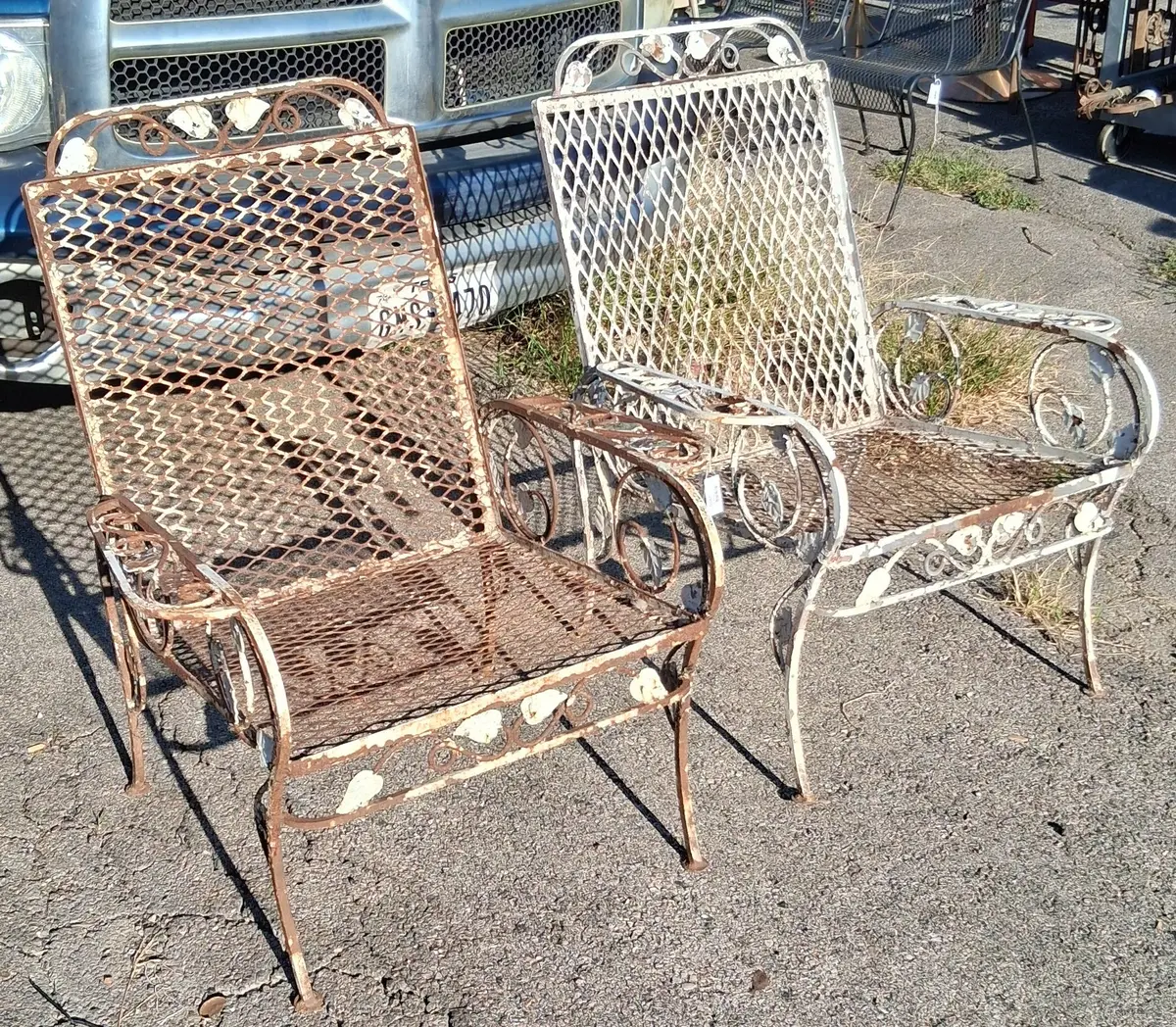 Pair Of Iron Leaf Arm Chairs With Large Mesh Seat 1