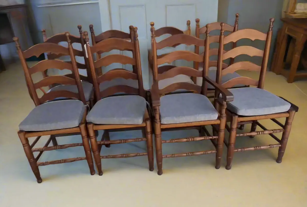 Set Of 8 Vintage American Made  Dark Walnut Rush Seat Ladder Back Chairs 1