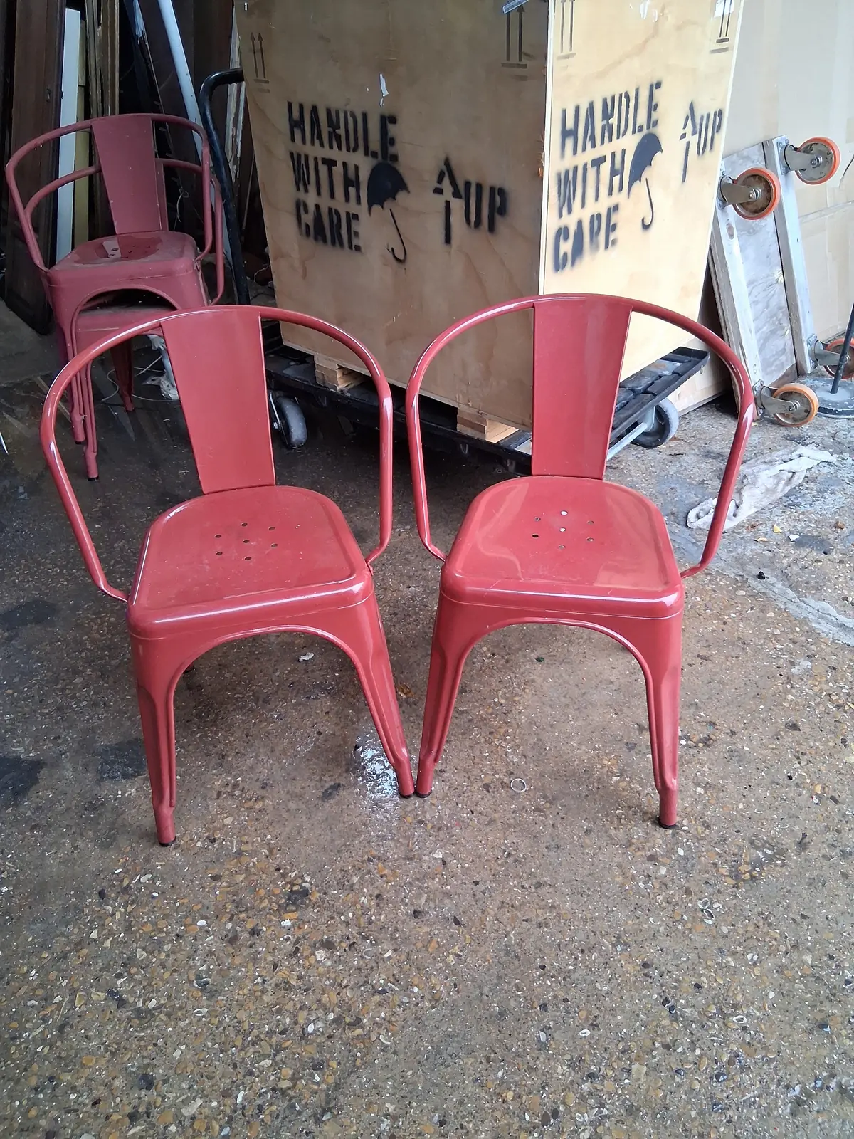 Pair Of Red Metal Industrial Chairs 1