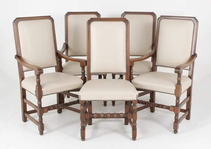 Set Of 4 Oak And Beige Leather Chairs 1