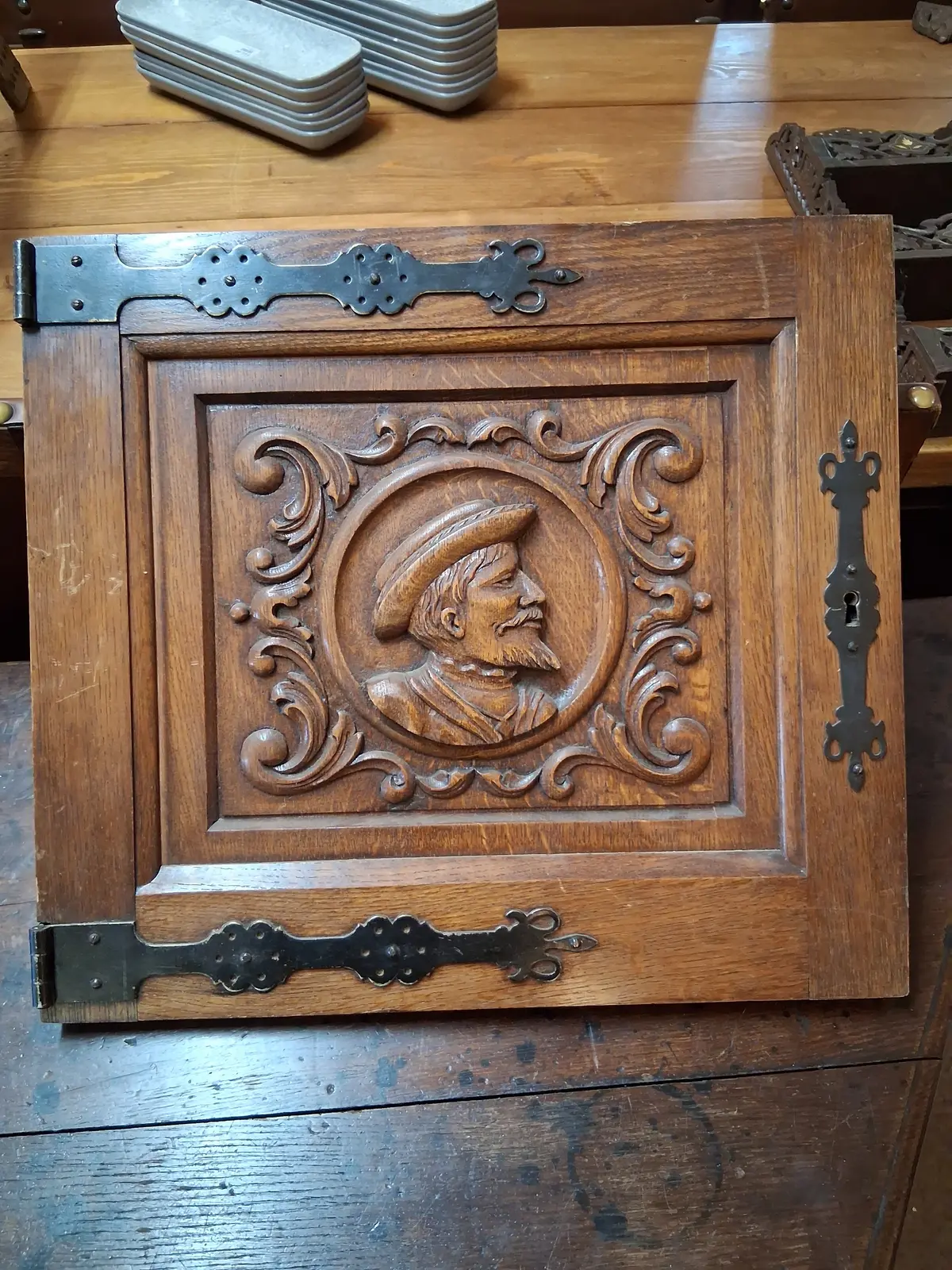 Gentleman Portrait Carved Door With Iron Strap Hinges 1