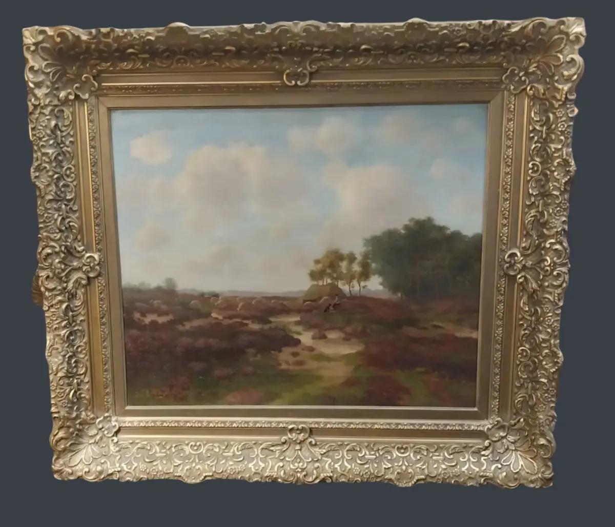 Ornately Framed Landscape Oil Painting With Sheep 1