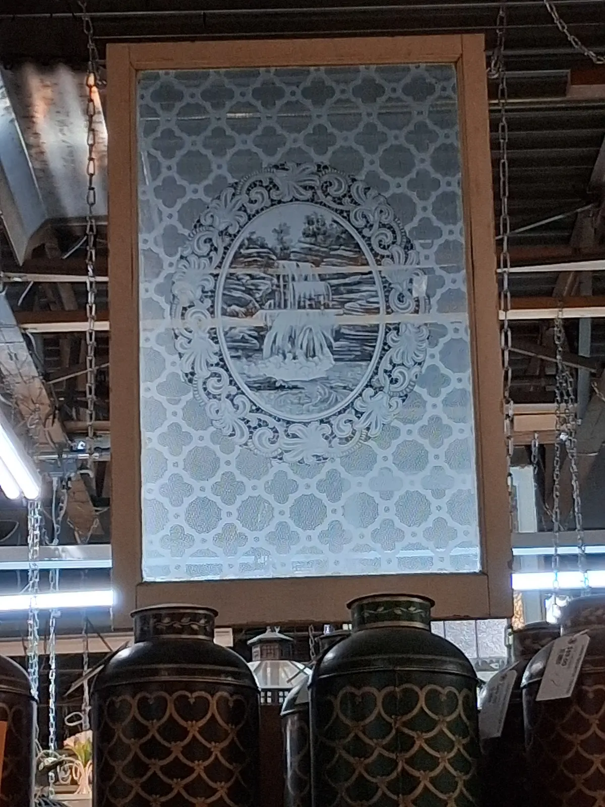 19Th Century Farmhouse  Window With  Etched Glass Waterfall 1