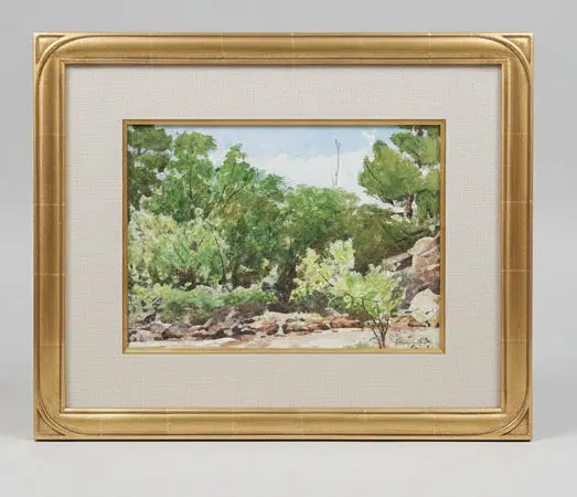 Framed Watercolor Of Trees And A Stream 1