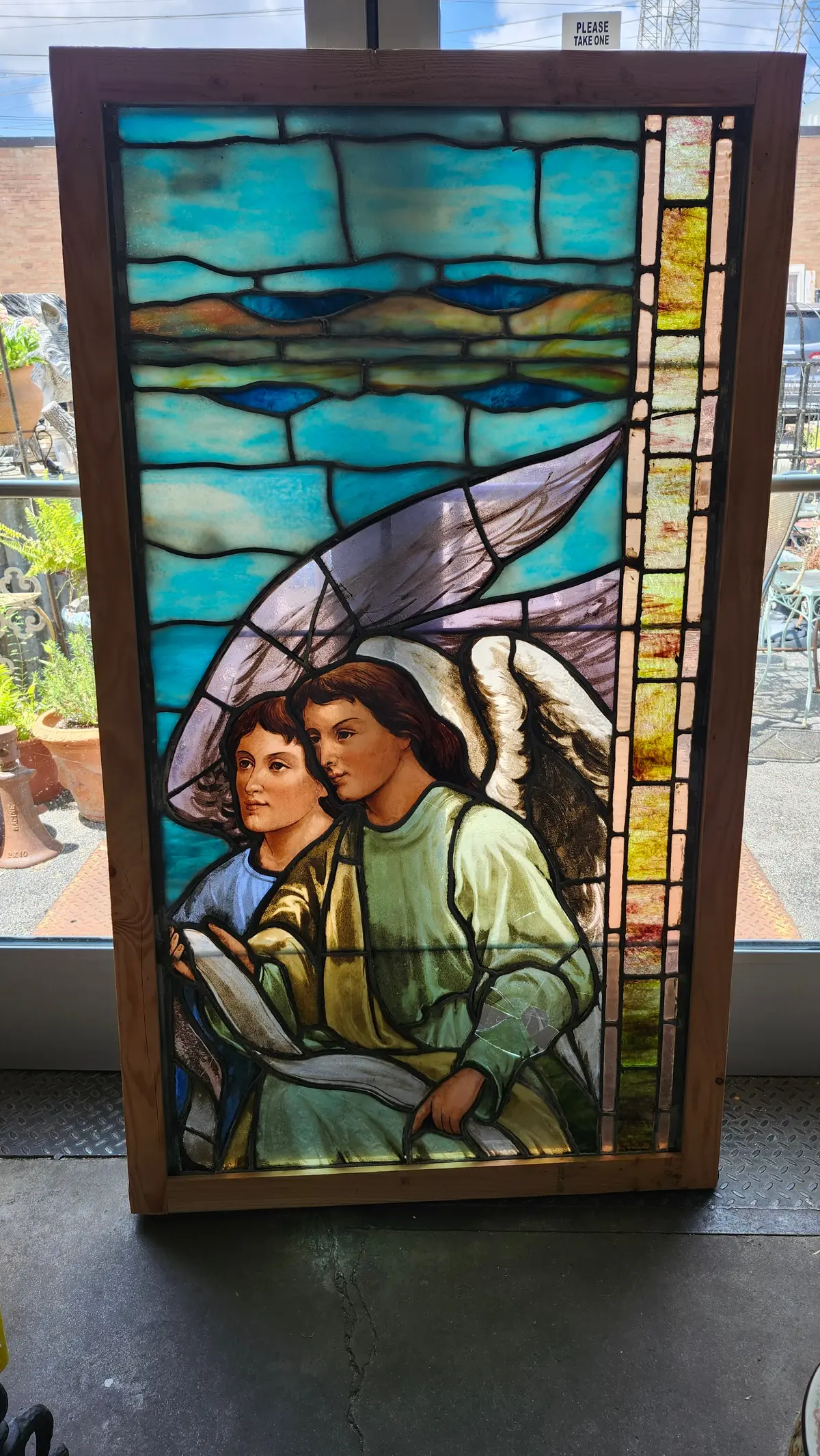 Large Painted And Stained Glass Window With Pair Of  Angels As Found 1