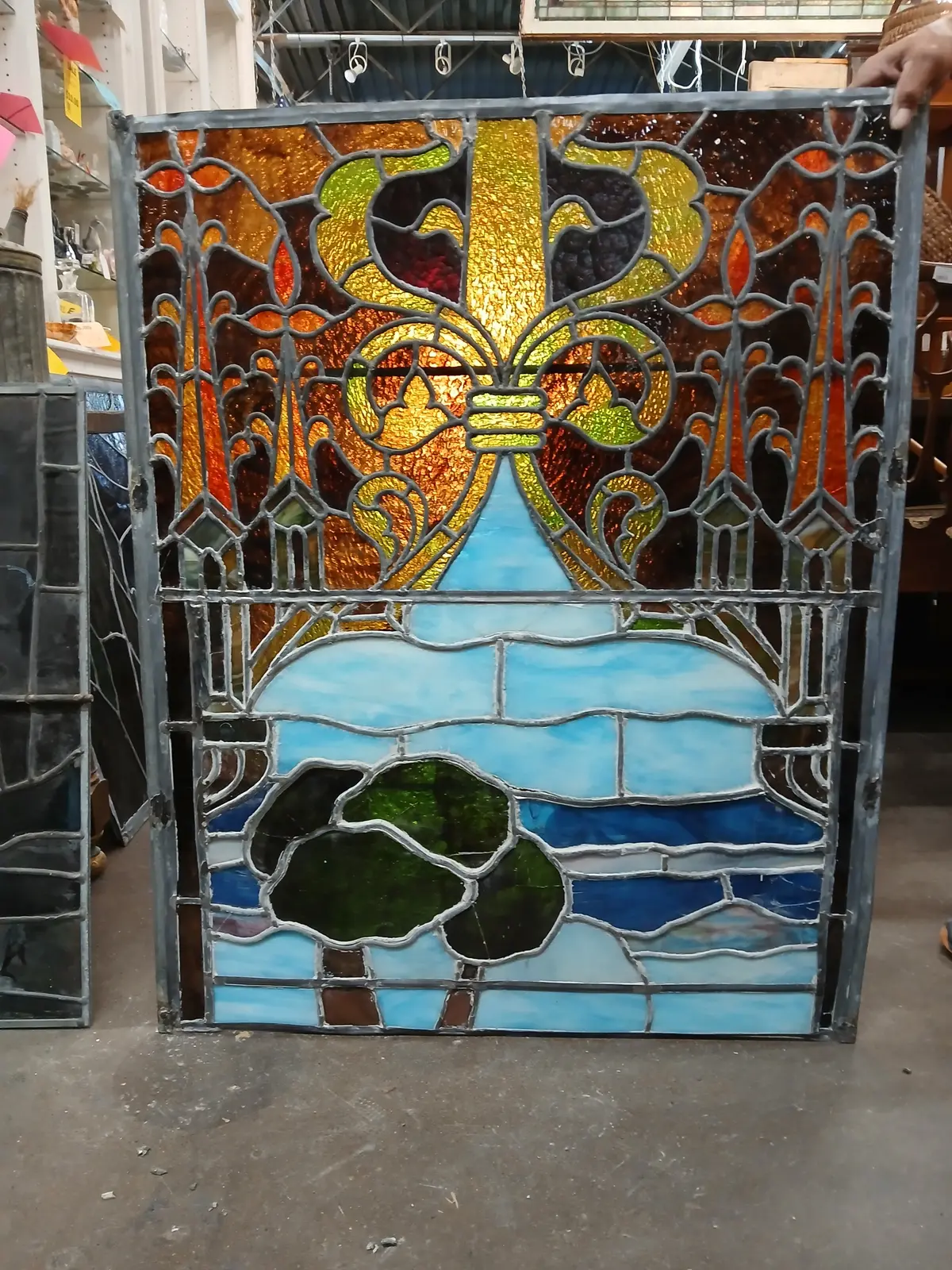Large Painted And Stained Glass Window With Turet 1