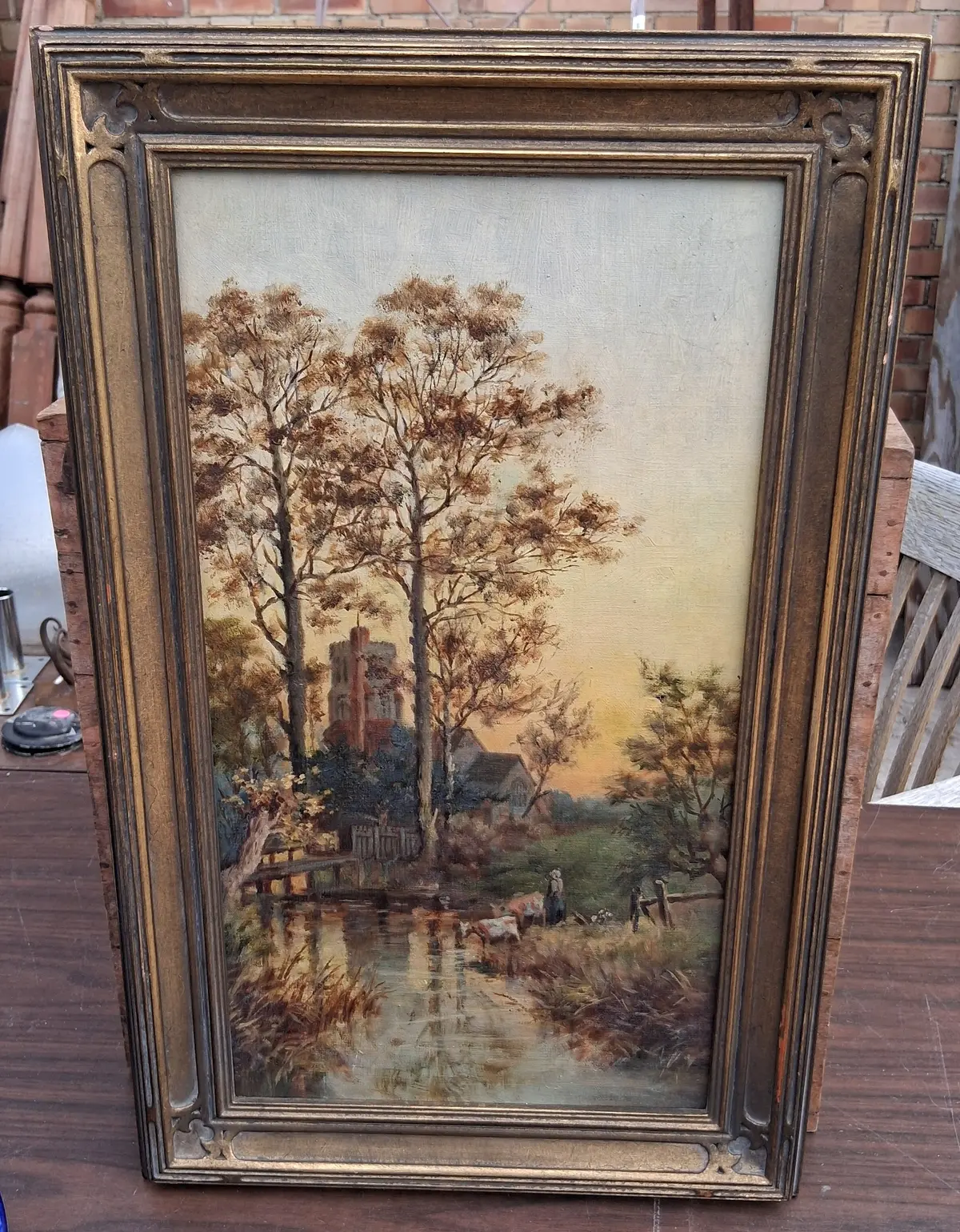 Nicely Framed Vertical Oil Painting Of A Church Yard At Sunset As Found 1