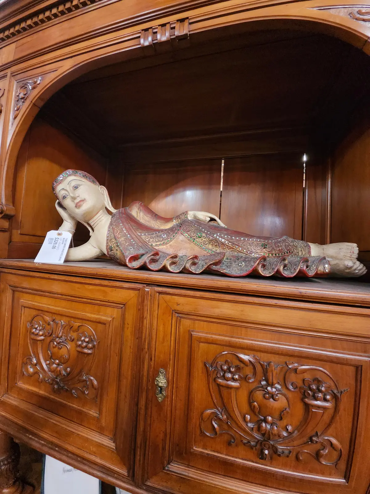 Thai Carved Wood Reclining Buddha 1
