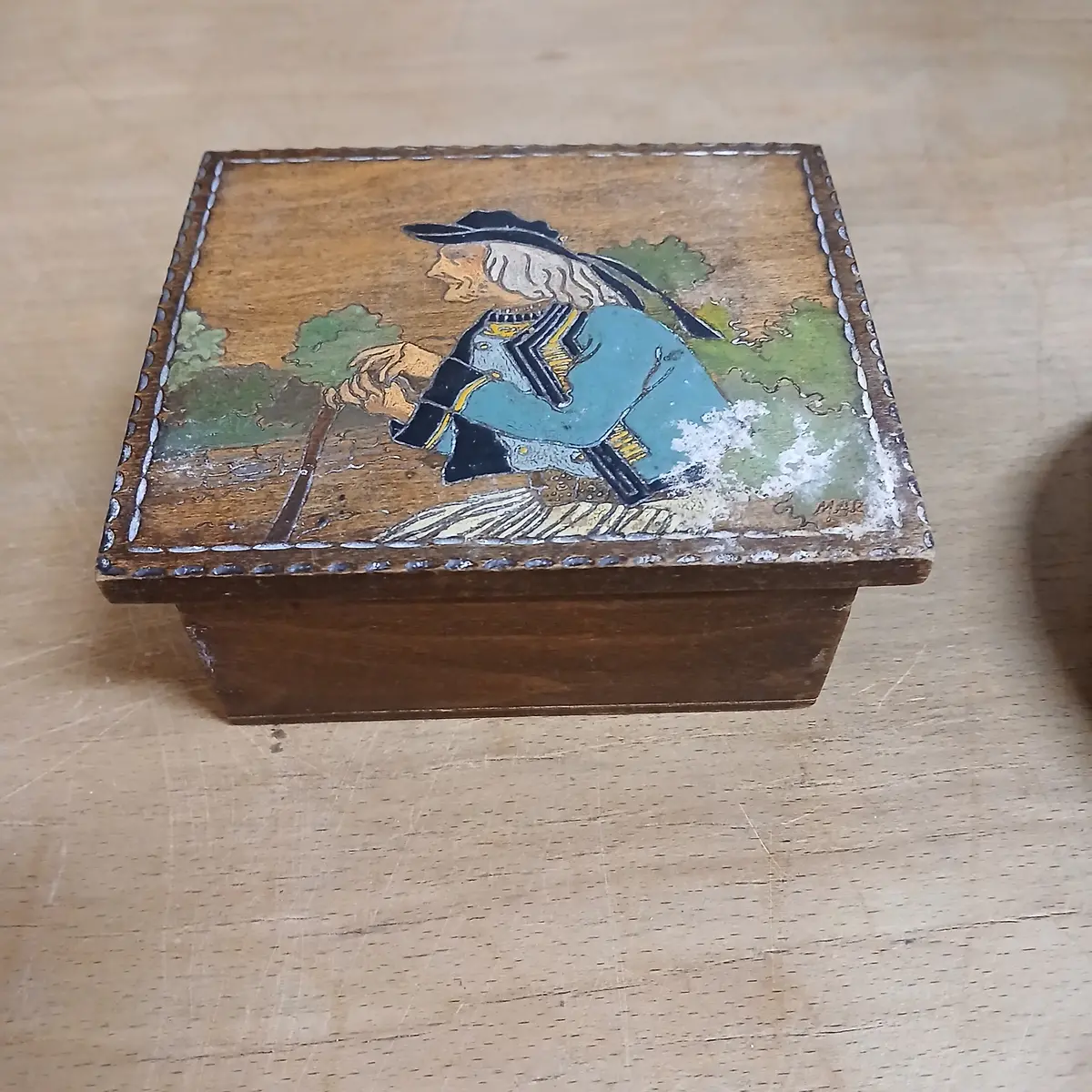 Small Wood Box With A Painted Man With Cane 1