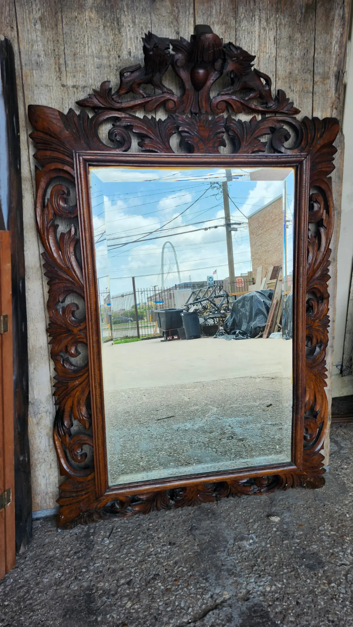 Spanish Carved Oak Wall Mirror With Lion Carved Crest 1
