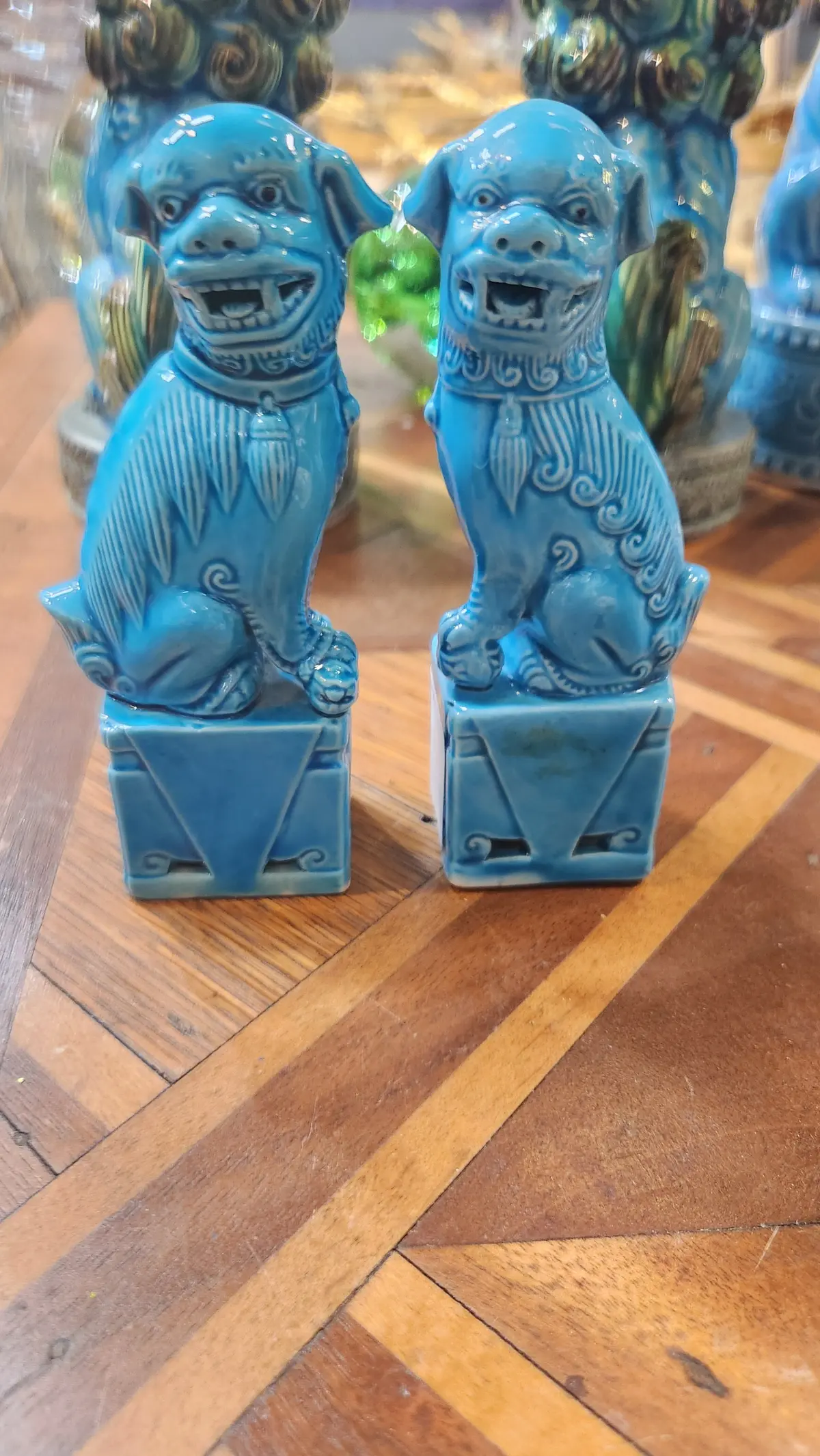 Pair Of Tiny Turqoise Foo Dogs On Plinth 1