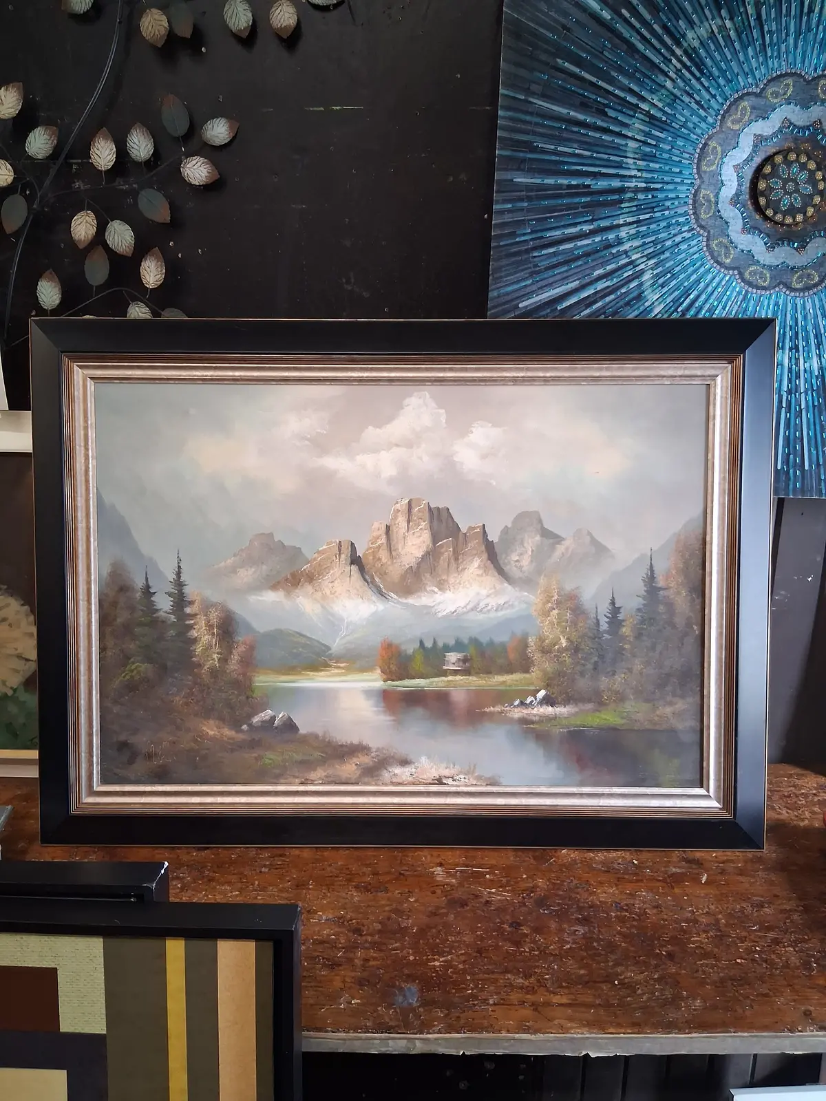 Large Framed Oil Painting Of Mountain Landscape 1