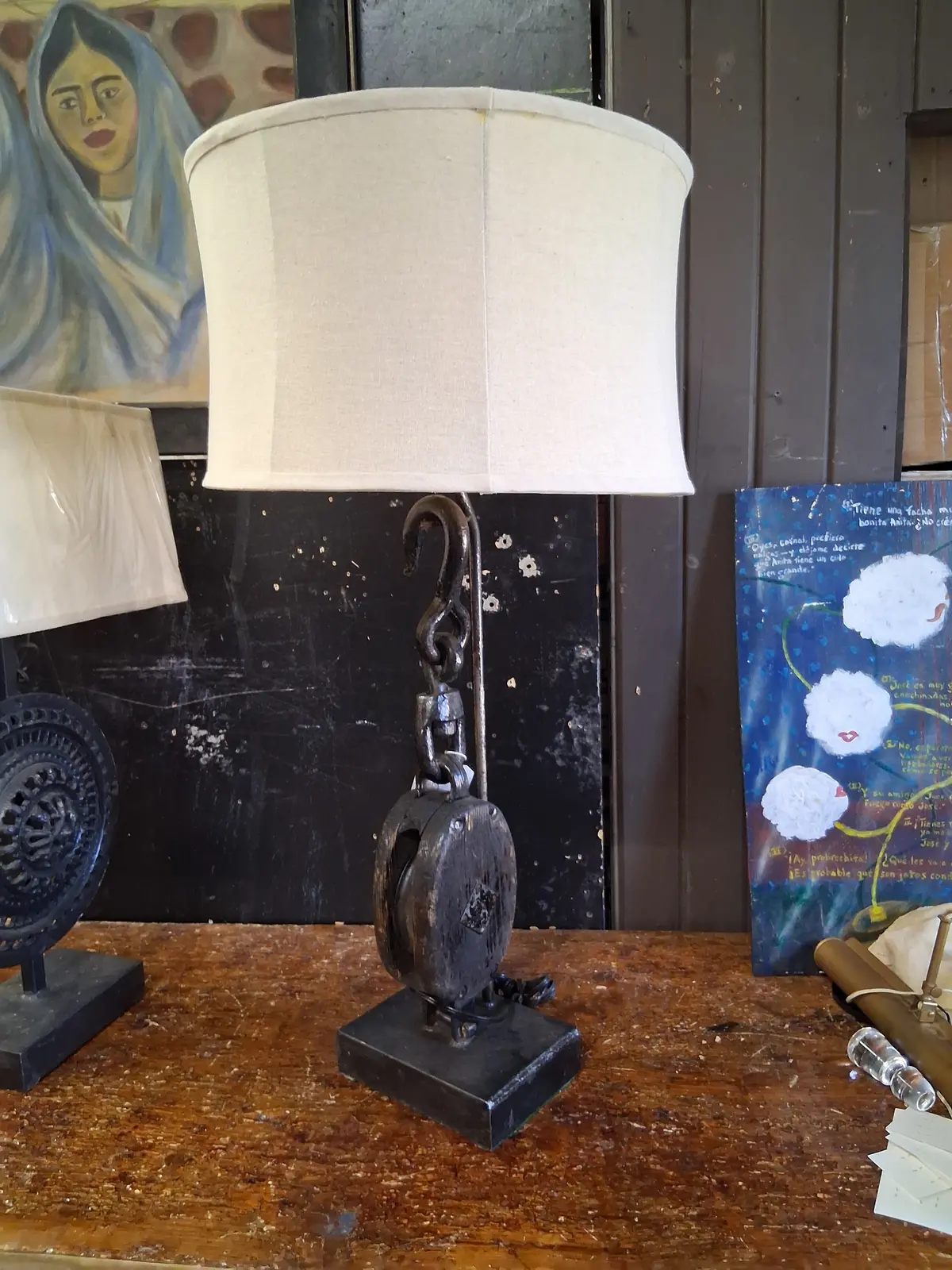 Cast Iron And Wood Pully Lamp 1