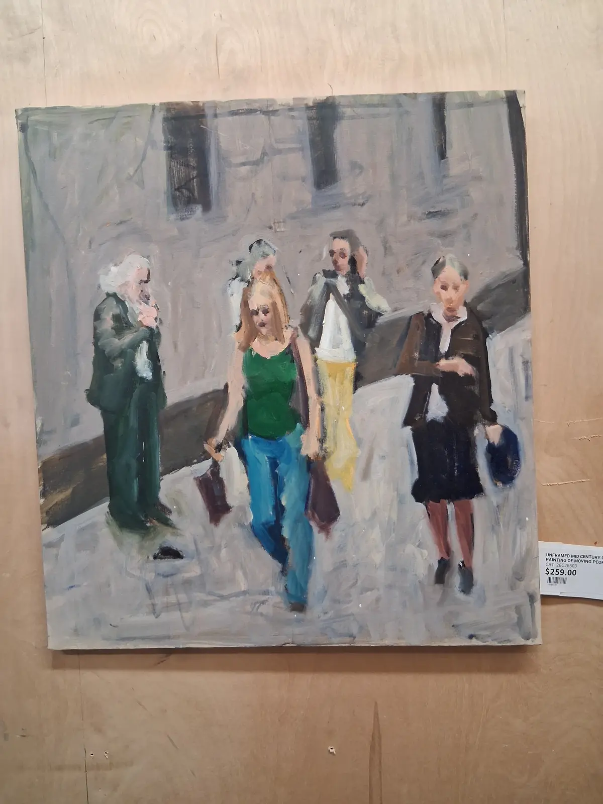 Unframed Mid Century Oil Painting Of Moving People 1