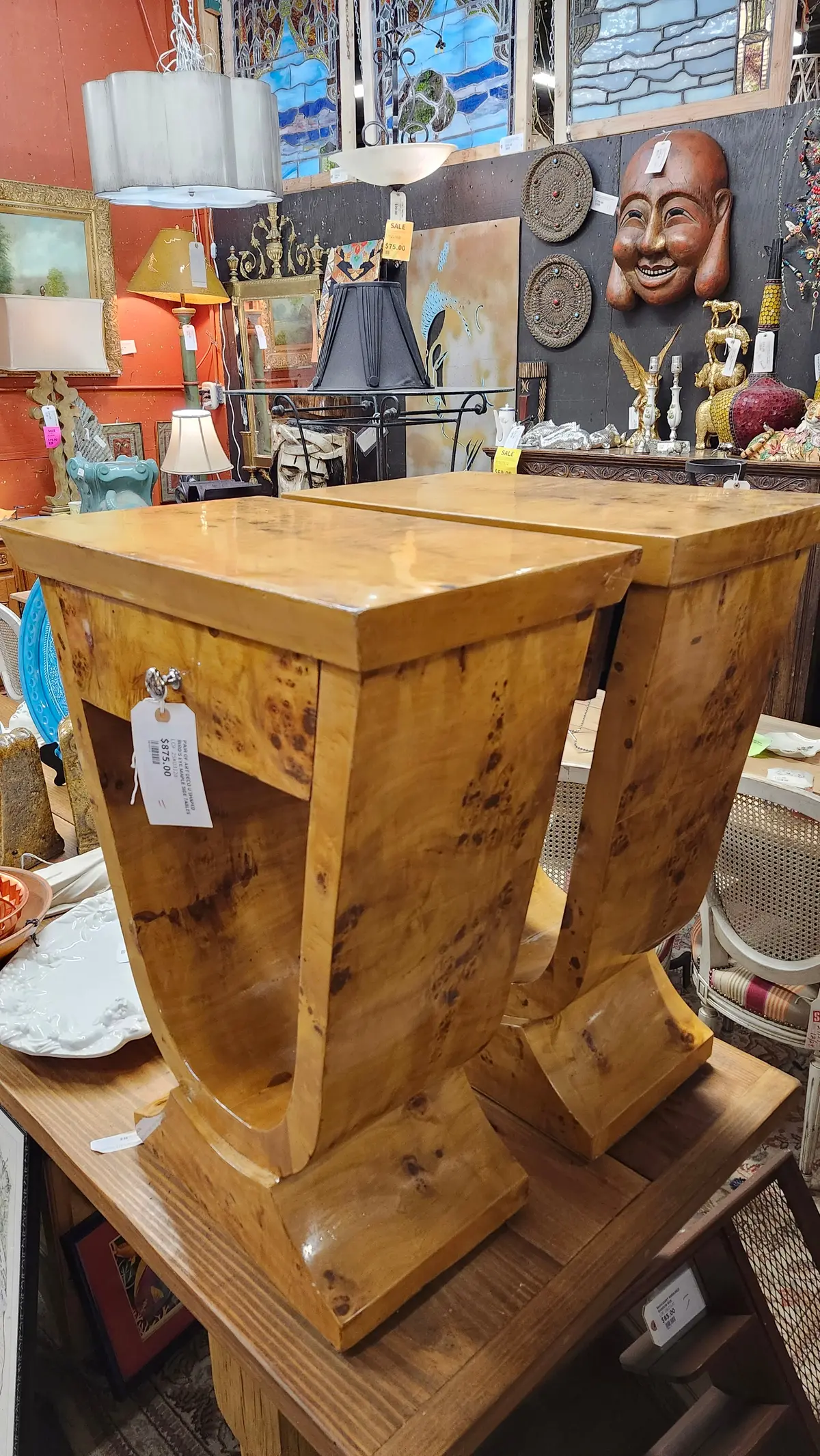 Pair Of Art Deco U Shaped  Bird's Eye Maple Side Tables 1