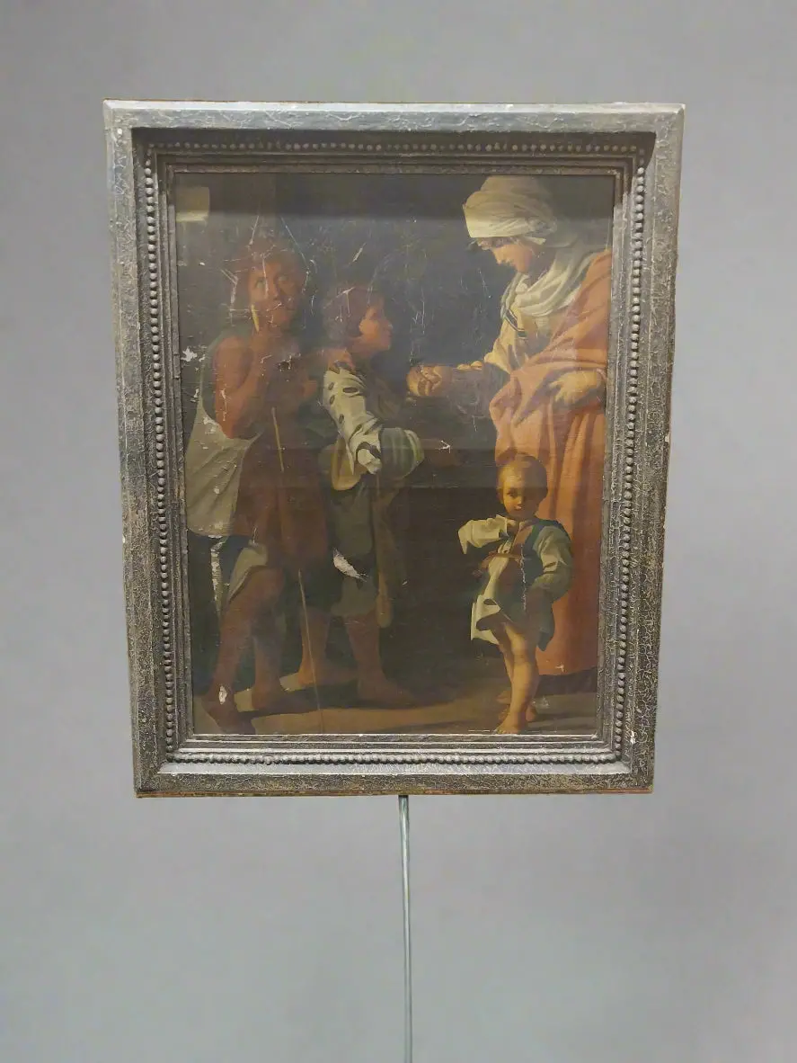 Large 18Th Century Vertical Oil Painting Of A Woman Feeding The Poor-As Found 1