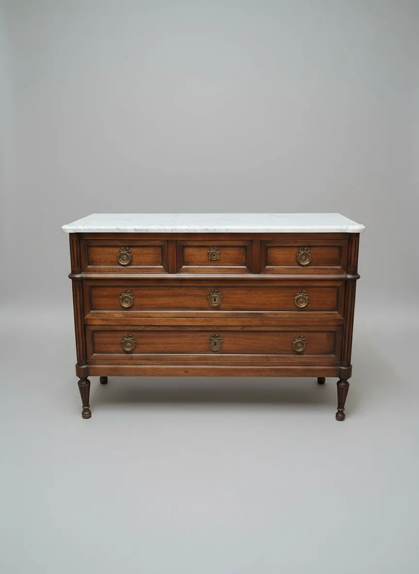 Louis Xvi White Marble Top Màhogany 3 Drawer Chest With Rounded Fluted Columns 1
