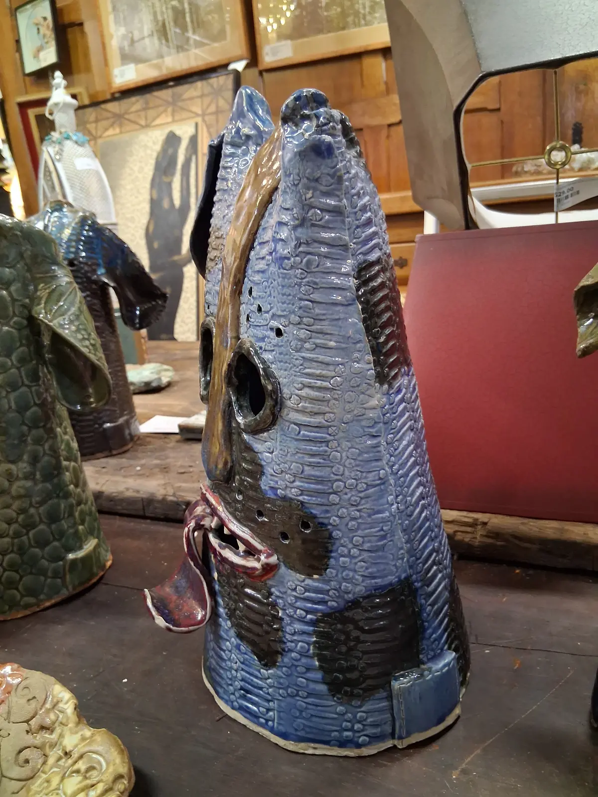 Blue  Scaled Pottery Face Vase With Teeth By Terri Wilder 1