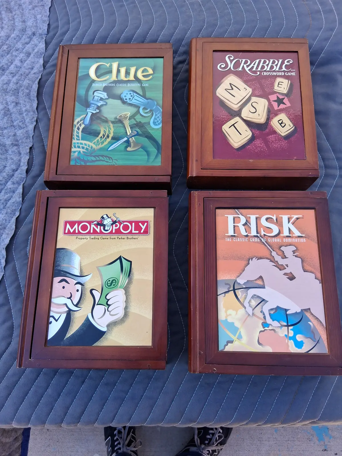 Set Of 4 Deluxe Games In Wood Book Boxes (Monopoly, Scrabble, Risk, And Clue) 1