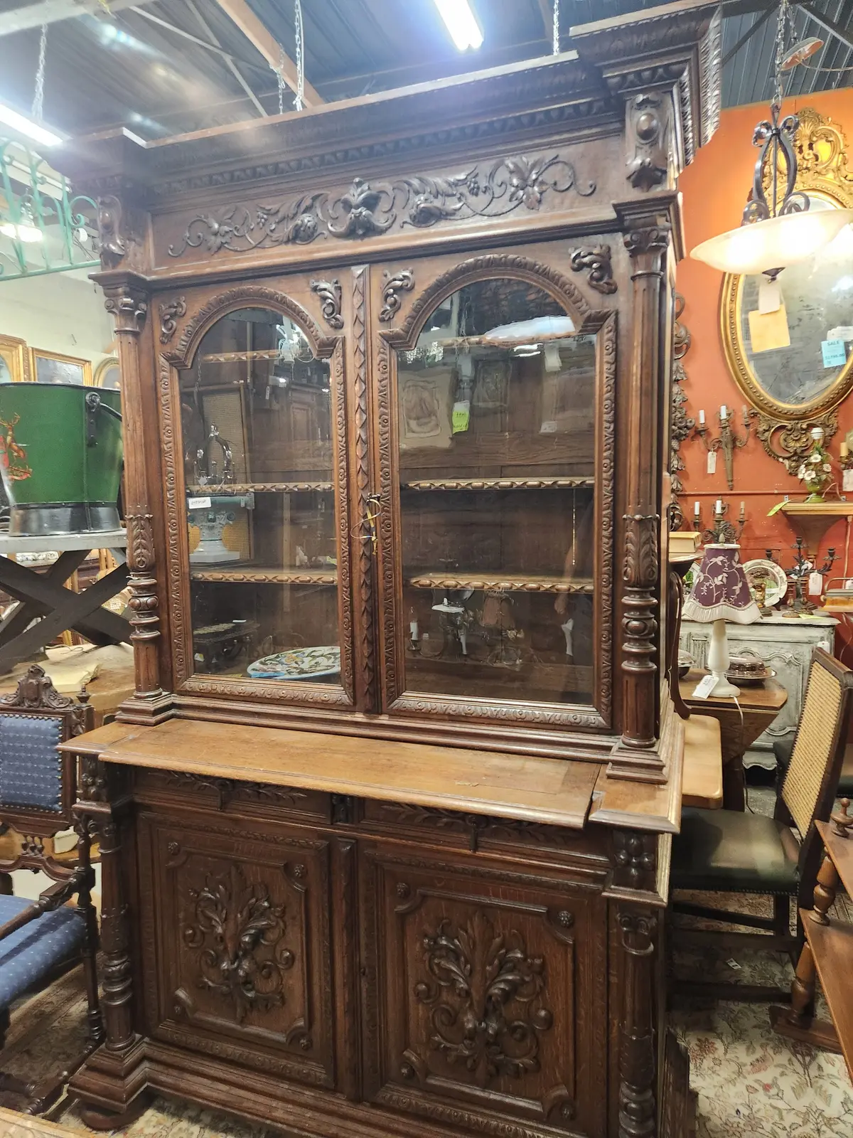 Carved Oak French Hunt Vitrine Cabinet 1
