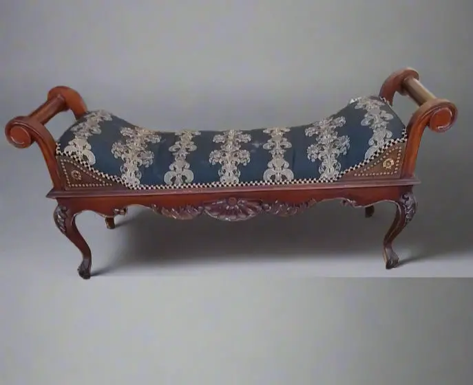 Upholstered Carved Mahogany Bench With Rolled Arms-Not Old 1