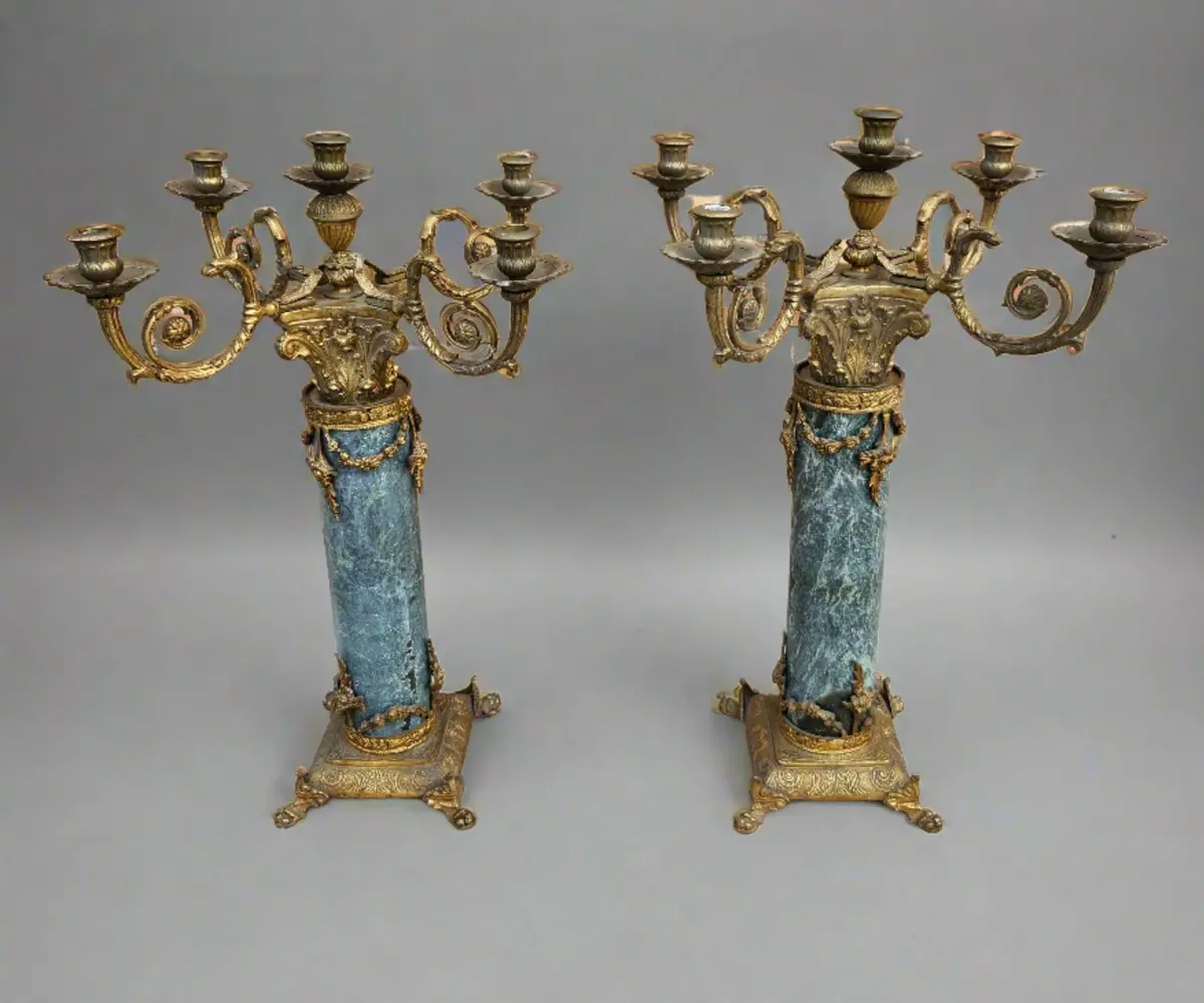 Pair Of Heavy Green Marble And Bronze Candleabras 1