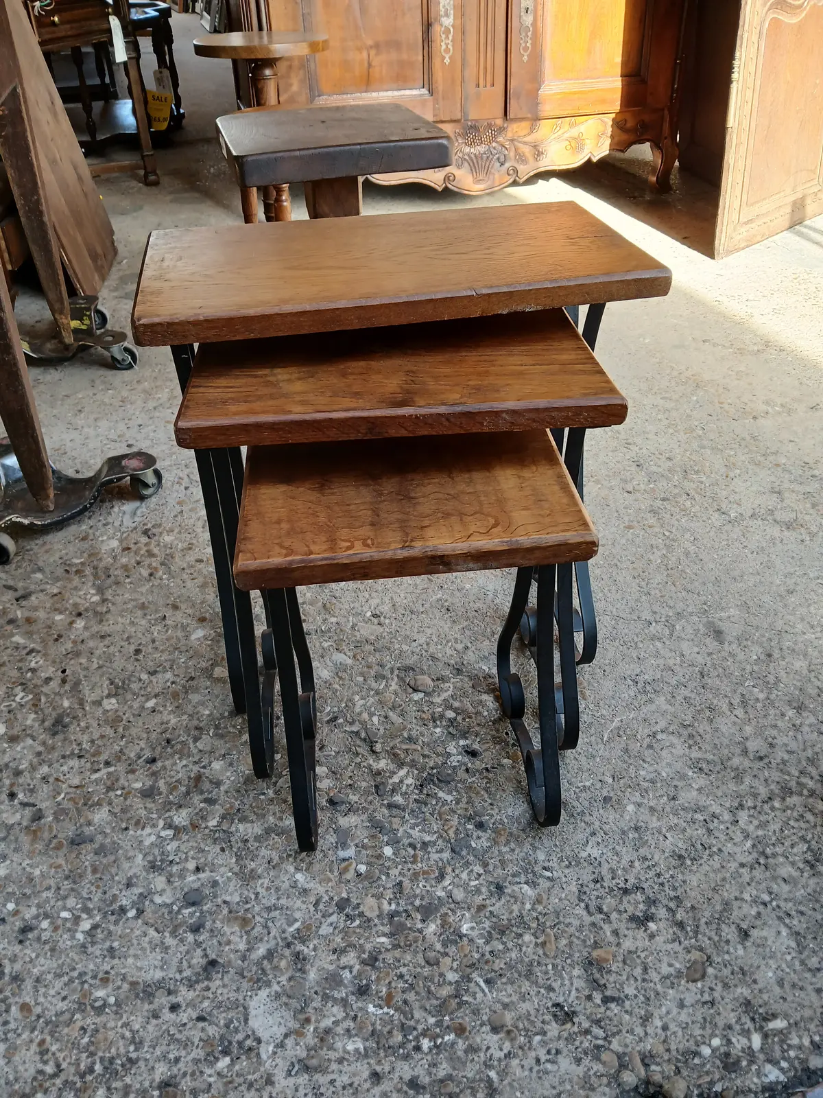 Set Of 3 Scrolled Iron And Oak Nesting Tables 1