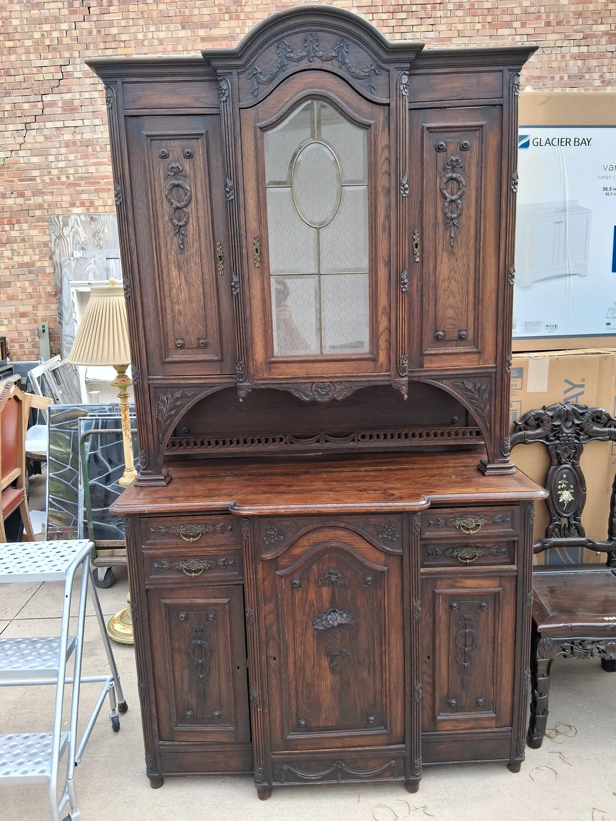 Louis Xvi Oak Buffet  Deux Corps With Wreath And Flower Basket Carving 1