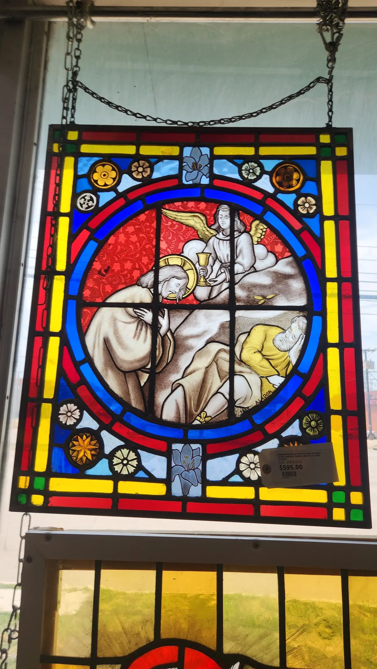 Square Religious Painted And Stained Glass Window*Signed And Dated 1889 Aladon 1