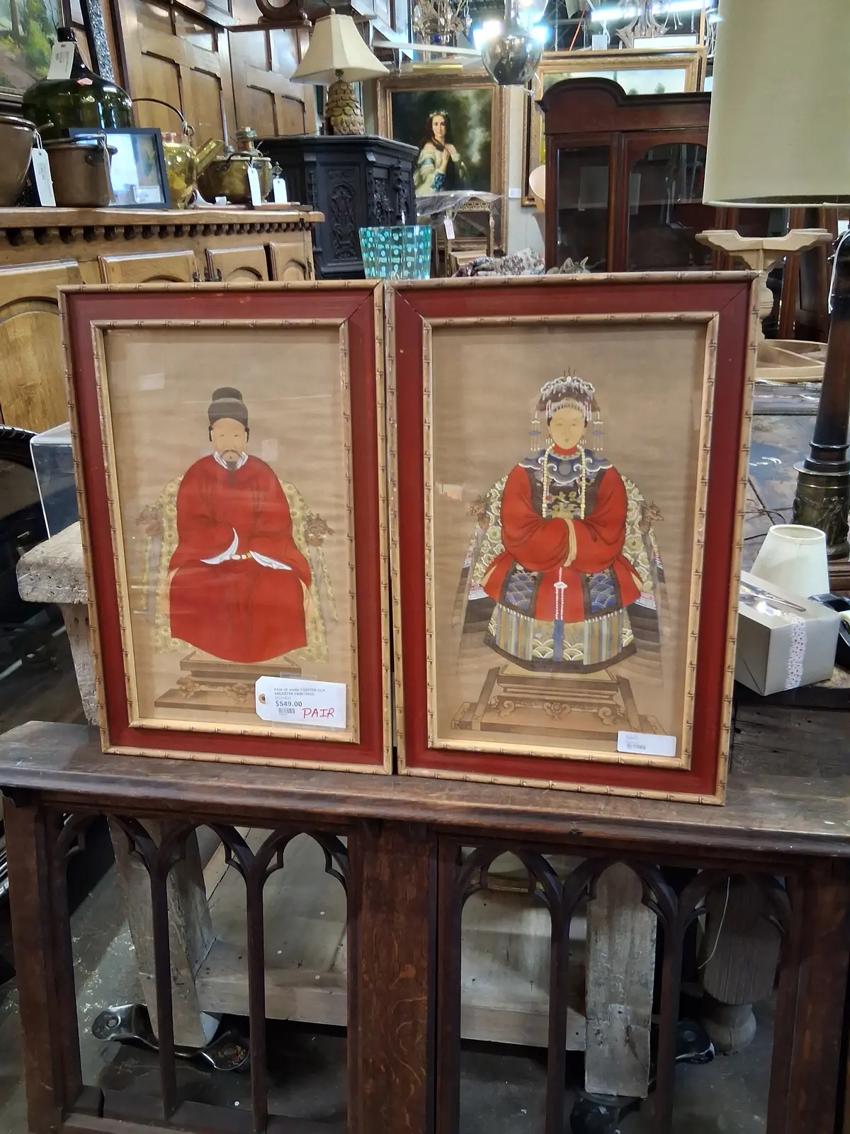 Pair Of Hand Painted Silk Ancester Paintings 1