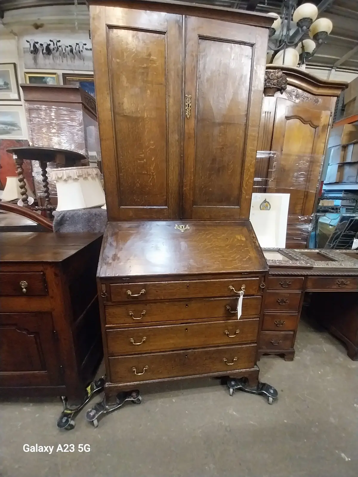 Early 1800'S English Oak Drop Front Blind Bookcase Secretary 1