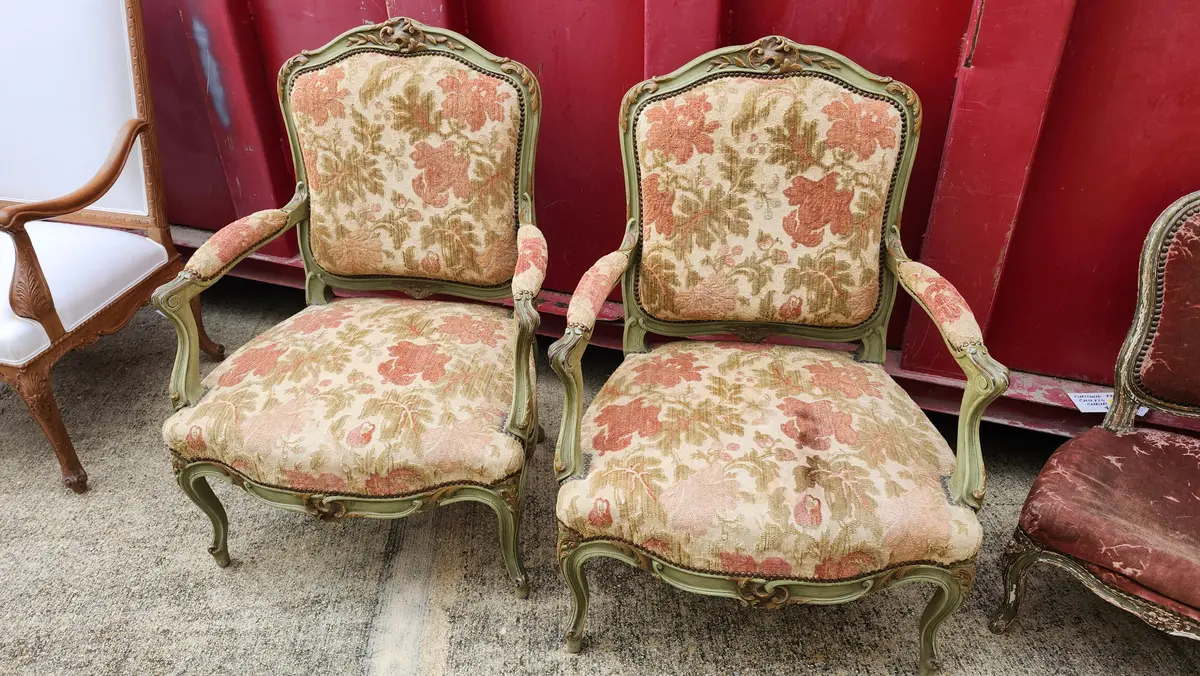 Pair Sage And Salmon Louis Xv Arm Chairs 1