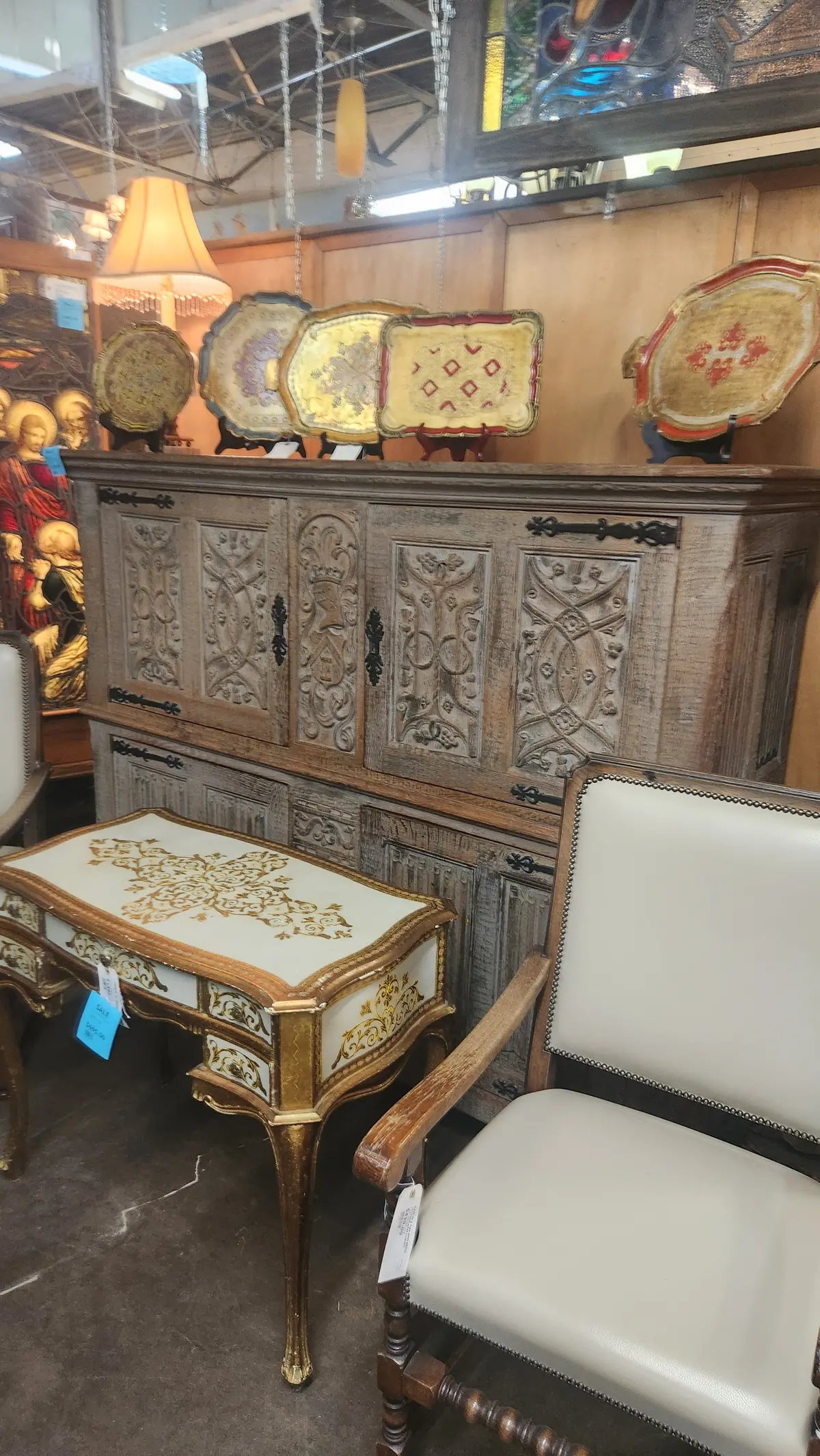 Large Carved Oak 2 Piece Gothic Cabinet 1