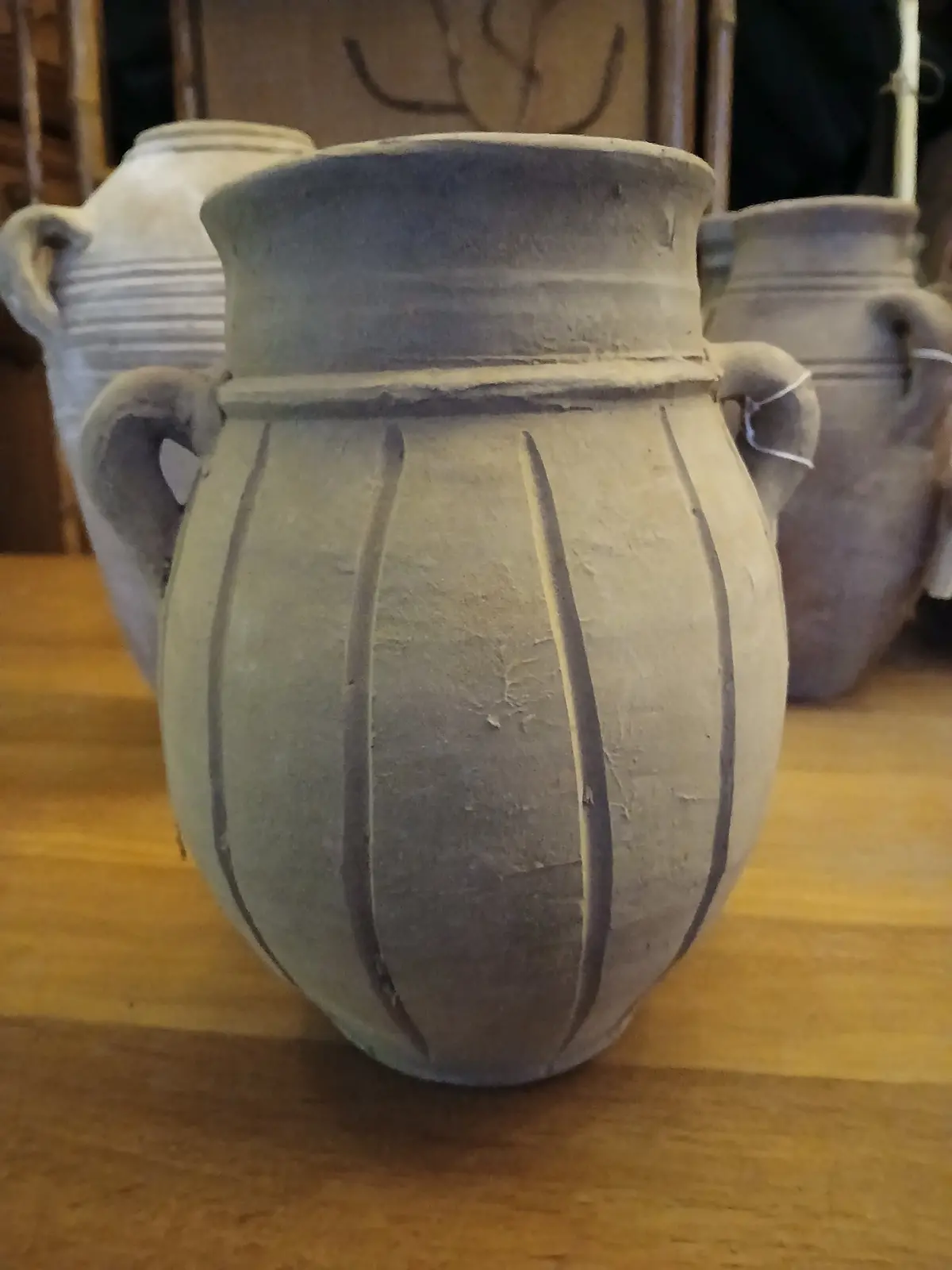 Small Grey Ribbed Terra Cotta Vase With Handles 1