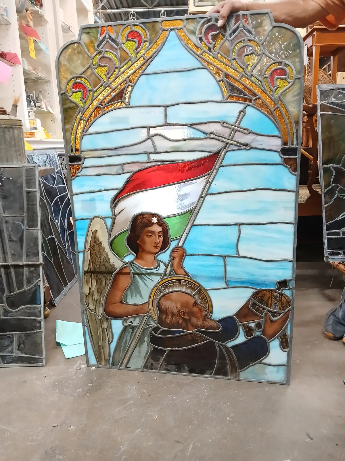 Large Painted And Stained Glass Window With Angel 1