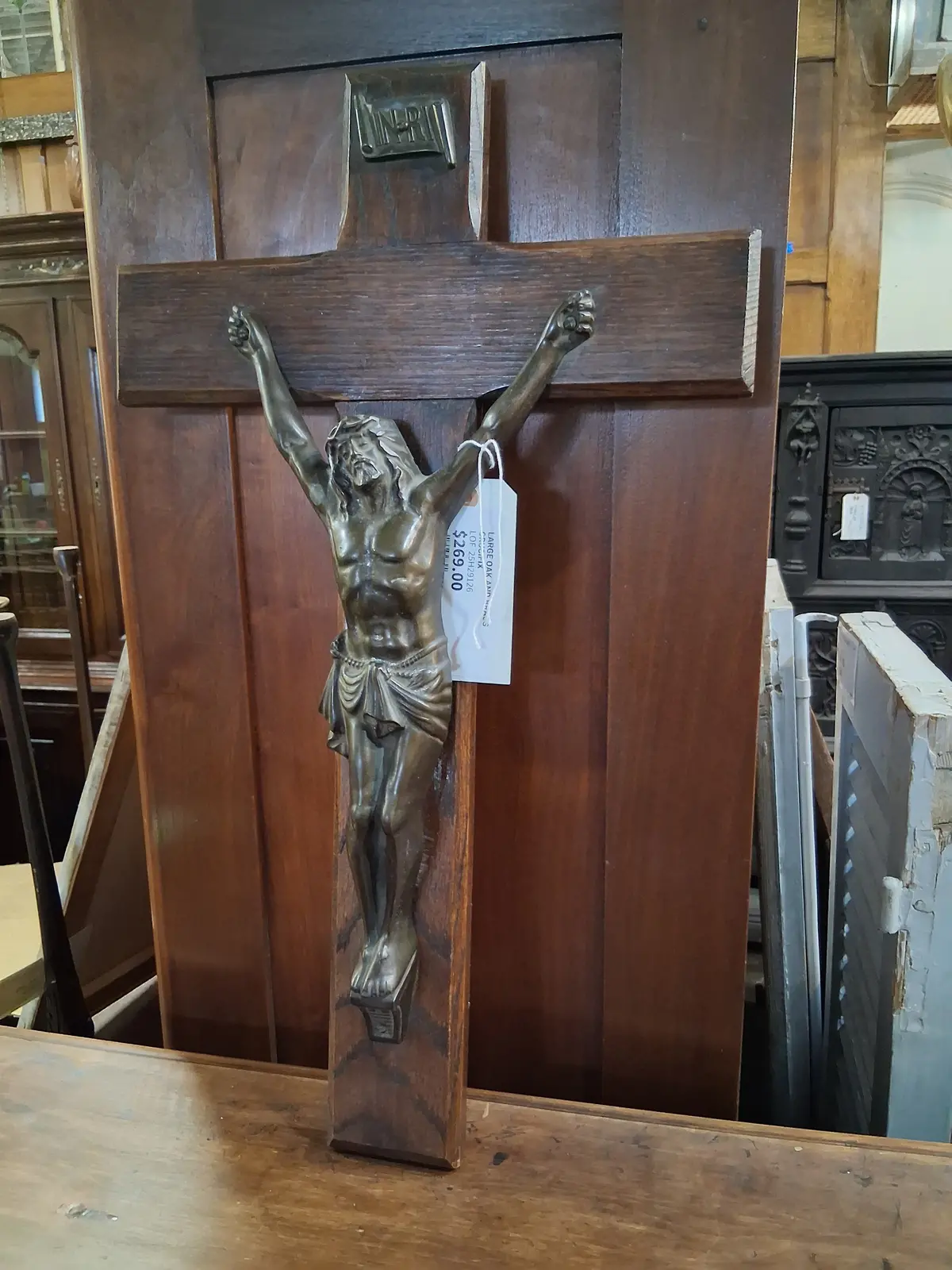 Large Oak And Brass Crucifix 1