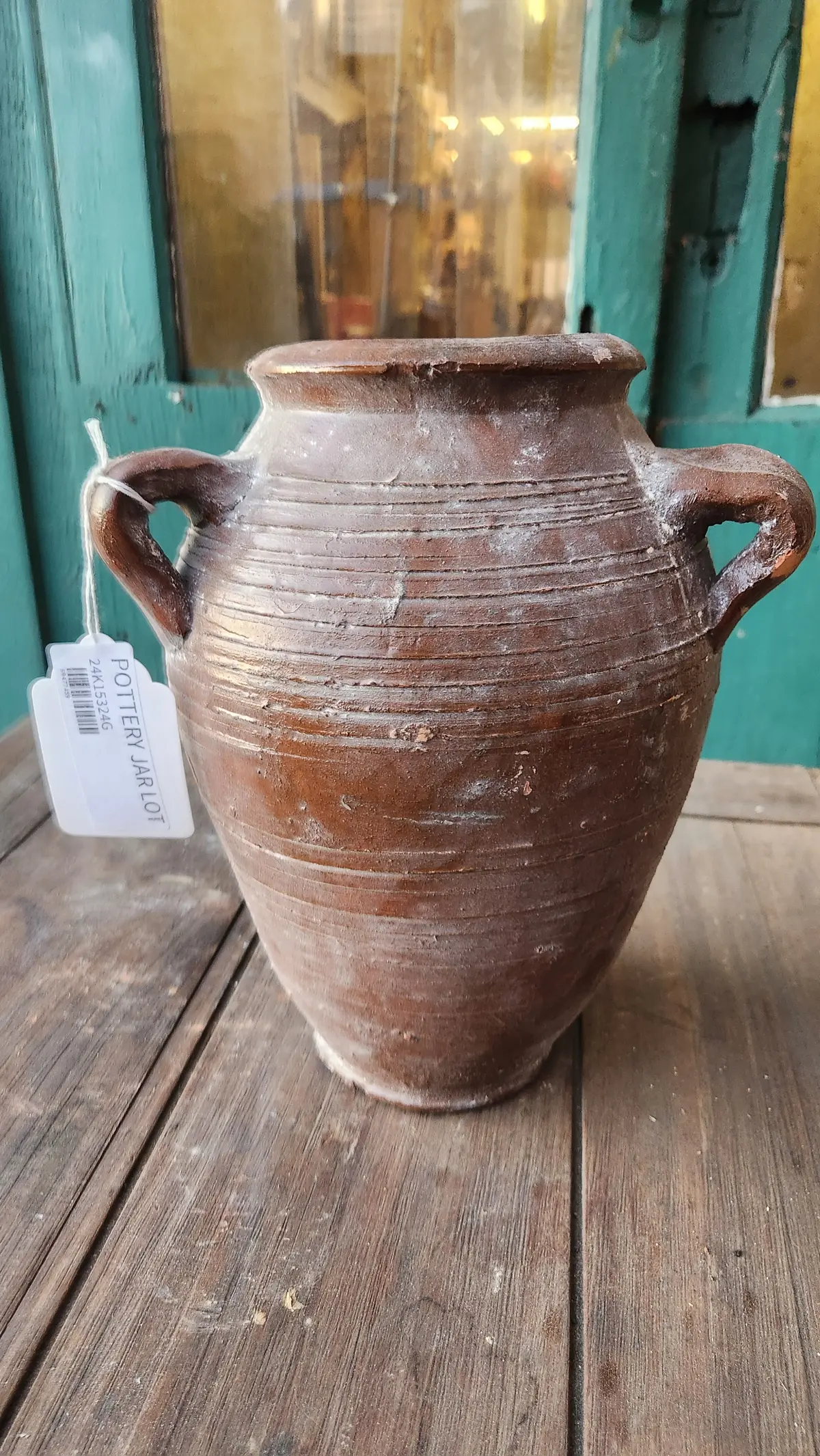 Ribbed And Glazed Terra Cotta Vase With Two Handles 1