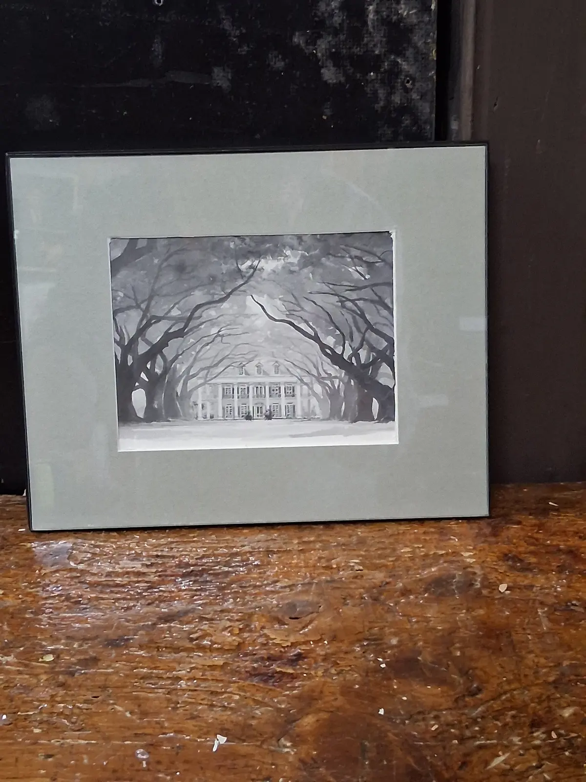 Black And White Print Of A House In Winter 1
