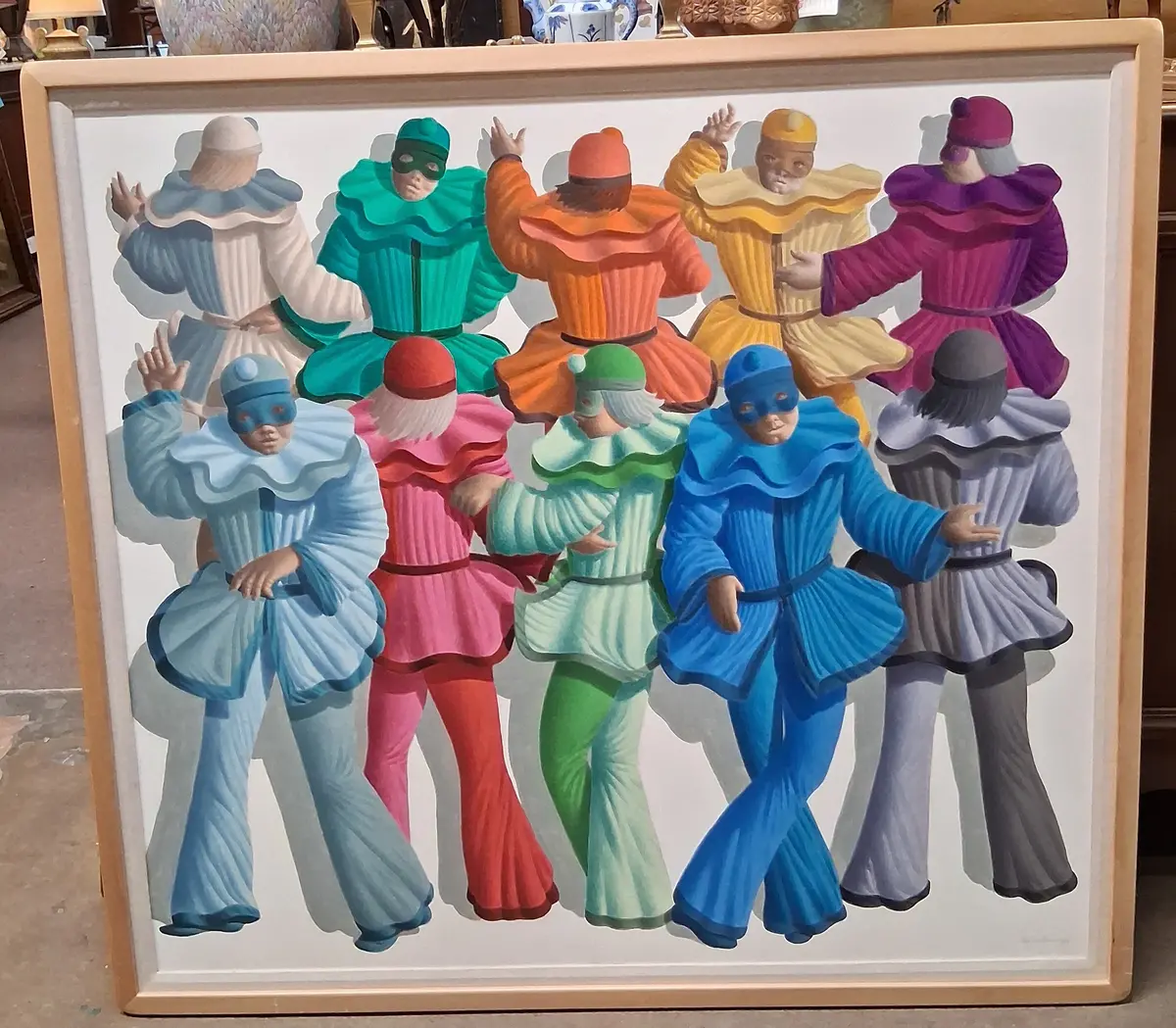 Large Framed Colorful Harlequin Painting By Paola Salvador-Italian 1